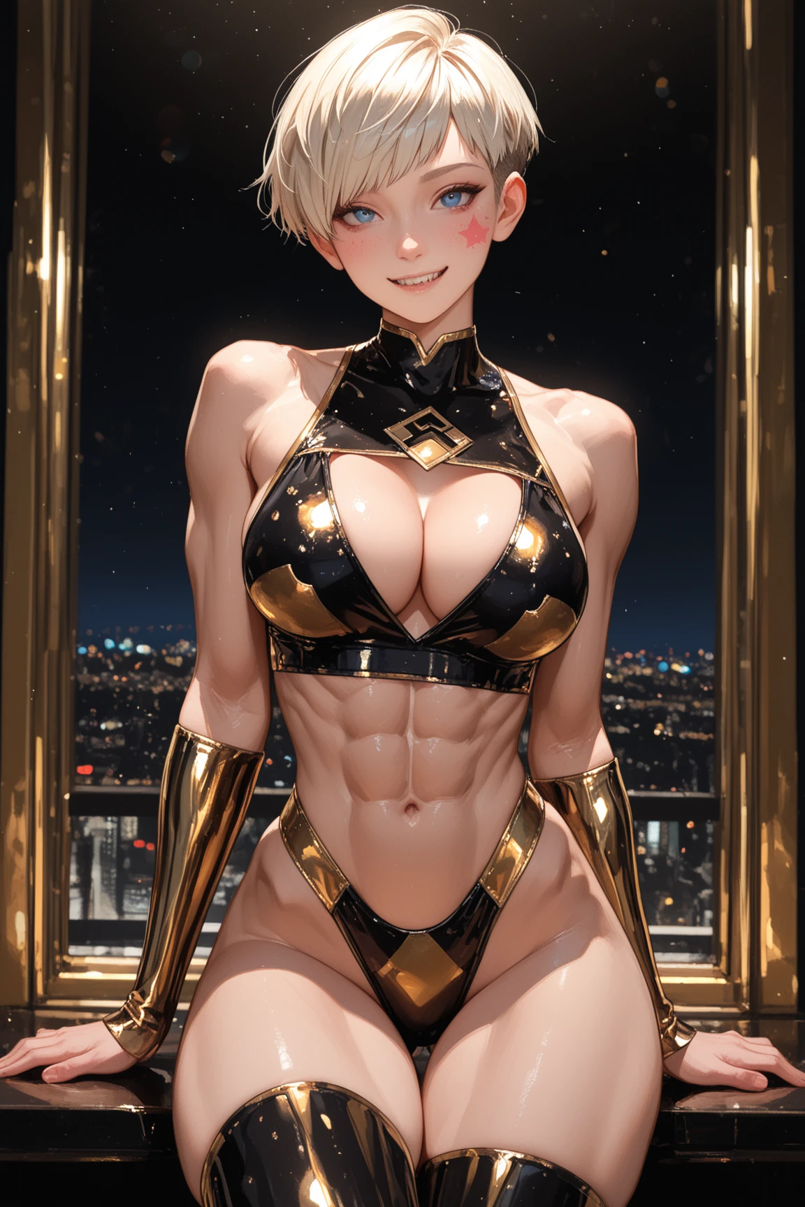 (((best quality))), (((high resolution))), (((masterpiece))), ((ultra-detailed)), (illustration), ((an extremely delicate and beautiful)), ((super detail)), (((20 years old))), ((adult)), (((tall))), gleaming skin, shiny body, breast focus, (((ultra-huge breasts))), elegant smile, ((big round eyes)), cute eyes, drooping eyes, two hands, five fingers, no extra hands, two legs, slender legs, ((biopunk)), ((metallic cloth)), (android), gynoid, delicate metal decorations, (medium length hair), (hair shorter than shoulder), braid, (see-through), mini skirt, ((midriff-baring outfit)), (shining brightly), outdoor, daytime, city, (dark blond), (super heroine), (cheerleader), ((metallic pink)), (metallic shining suit), (spread legs), camel toe, (sit with legs stretched out), (((sfw))),