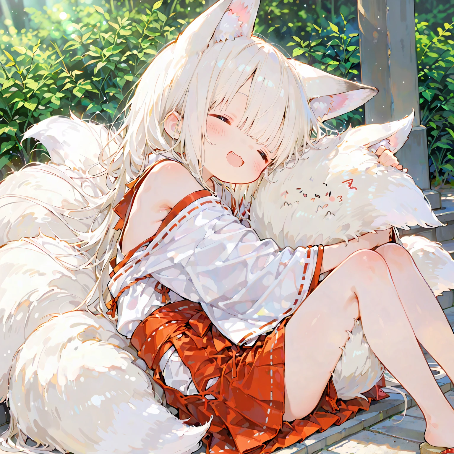（masterpiece：1.2，high quality），8K，High resolution，A seven-year-old girl，cute girl，white hair，long hair，crossed bangs，hair bell，hairclip，hair two side up，Sleeping，heart ahoge，cat ears，laughing，skin fang，saliva，Wear a white hoodie，Pleated Skirt，Bows on panties，Lying in the forest，There are flowering trees on both sides，primary school student，thigh，Calf，white socks，cat tail，alone，（Put your hands in your pockets）