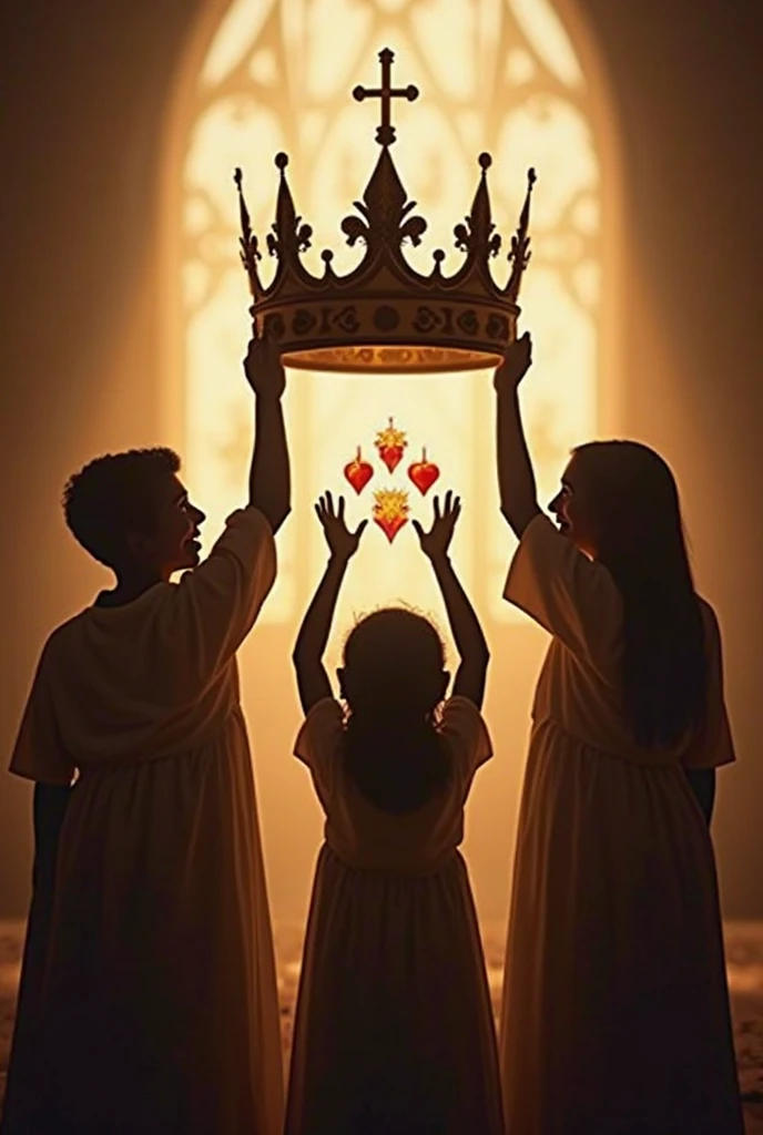 Children praying around a shiny treasure chest with a real golden human heart inside tied with chains in a church (Photo Real)
