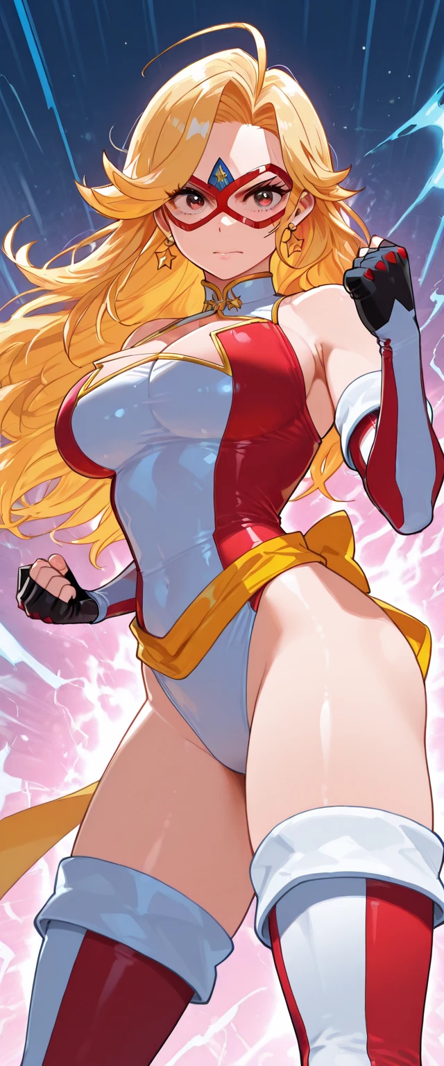 Shiny golden hair, Smile young girl, Digital Painting, Superhero, Muscle Girl, Korean idol face, Pause, Raise your fist, Raise your arms, ((From above)), 1 ((Raise your knees)), Behance Contest Winner, Afrofuturism, Synthwave, neon, glowing neon, tight ((((Huge saggy breasts)))), Ruffled mini skirt, Fluttering Cape, ribbon, Microware, Large areola, Sweat, shiny silky skin, ((smile)), Thick waist, Sparkle of the Universe, Fry, in dynamic パースペクティブ、Detailed coloring finish, much more,