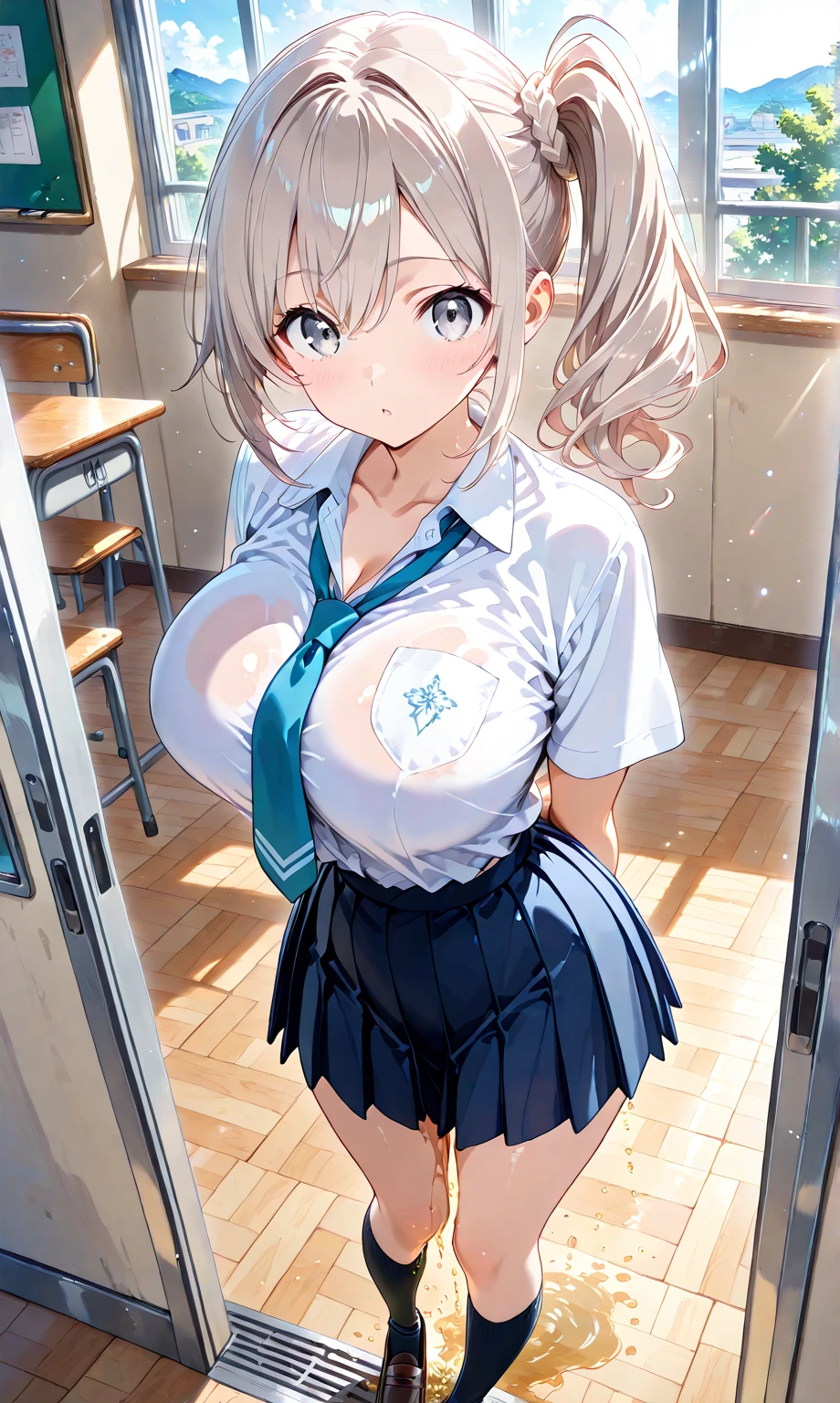 NSFW,(One girl:1.5),sd1、Charlotte Dunois、ponytail、uniform、skirt、Hair Ribbon、belt、Long sleeve,(Perfect hands),(Perfect Anatomy),(masterpiece),(highest quality),Embarrassed,blush,locker room,locker,(Changing clothes:1.5)