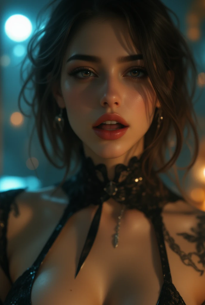 (((ultra realistic))) Photo, masterpiece, top quality, (pale skin), (Ultra detailed face and eyes:1.3), 1 girl, Adult, in a T-shirt, ((Eye makeup, pink mascara)), ((large detailed lips)), ((Pink волосы в хвост)), ((Chyolka)) , (Natural breasts), Slim waist. ((Posing)), photoshoot, studio (soft lighting), (The play of light and shadows), depth of field, bokeh, (special attention to skin detail: 1.2), Detailed leather texture, skin pores. (Warm atmosphere of the frame. Color range - purple, Pink, blue tones), UDR, ((Film grain)), ((rays)), (Glare), ((waist up portrait, view from above)) , ultra detialed,