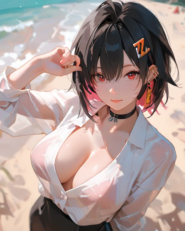 NSFW,miosha1、hair ornaments、ponytail、Wolf Tail、Swimwear、White shorts、Thigh straps、Black jacket、Leaf print、collar、String Bikini,(Perfect hands),(Perfect Anatomy),(masterpiece),(highest quality)