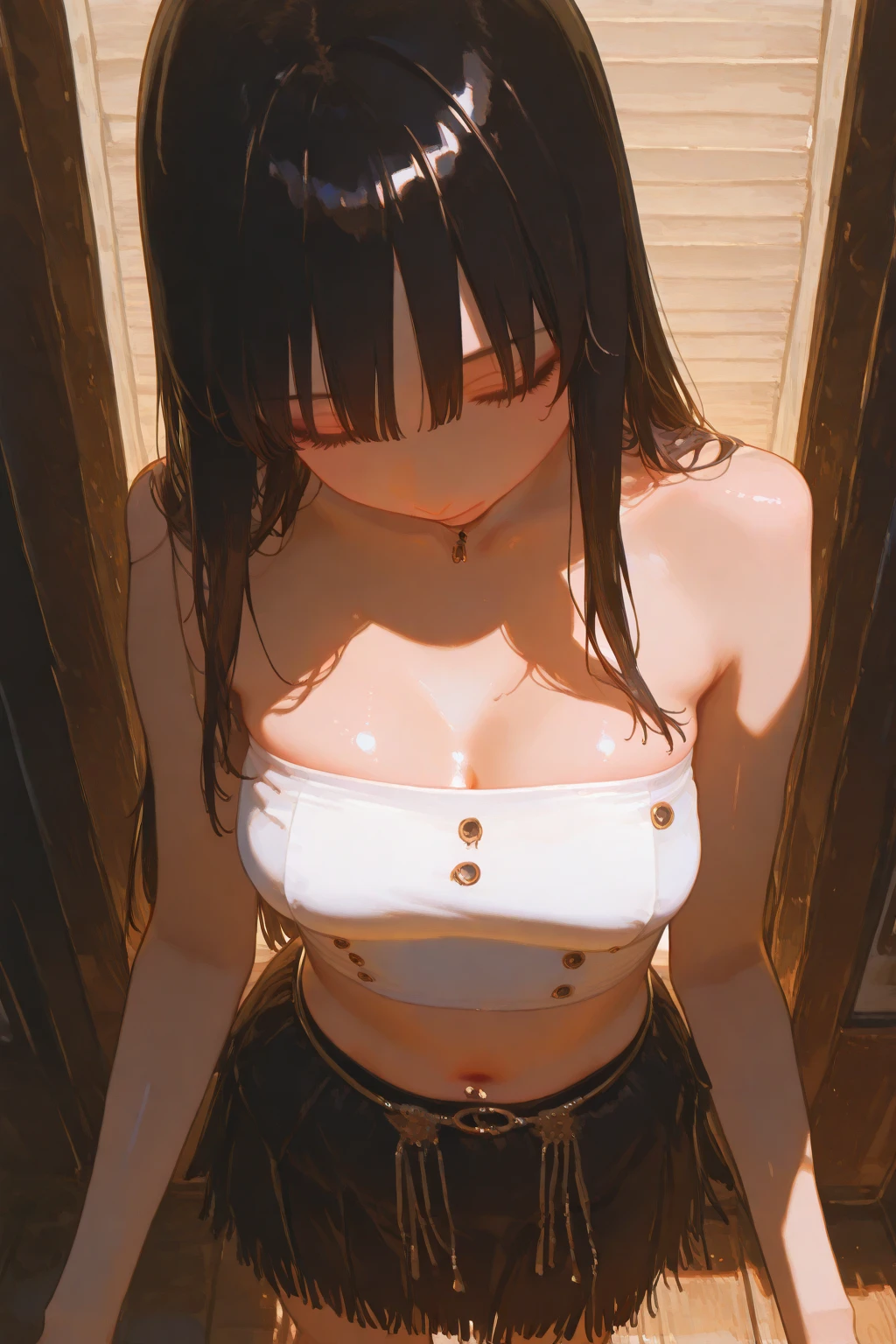 ((masterpiece, best quality, highres, UHD, perfect pixel, depth of field, 4k, RTX, HDR))), 1girl, single, solo, beautiful anime girl, beautiful artstyle, anime character, ((short hair, black hair :0.8)), ((detailed face, blushing:1.2)), 4K Wallpapaer, Ultra detailed, anime scenery, cyberpunk, anime girl, school girl, looking at viewers, from side, sideboobs, ponytail, arm up, armpits, shiny skin, shiny armpits, sweaty, sweaty armpits, small , she is hot and very sweaty