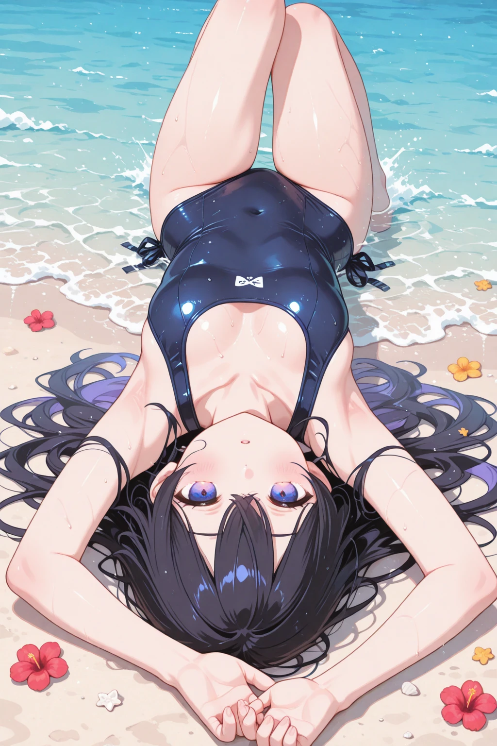 Girl, (showing navel, long legs, back and shoulders: 1.5), long legs, long black hair and waist, lying on the bed, beautiful