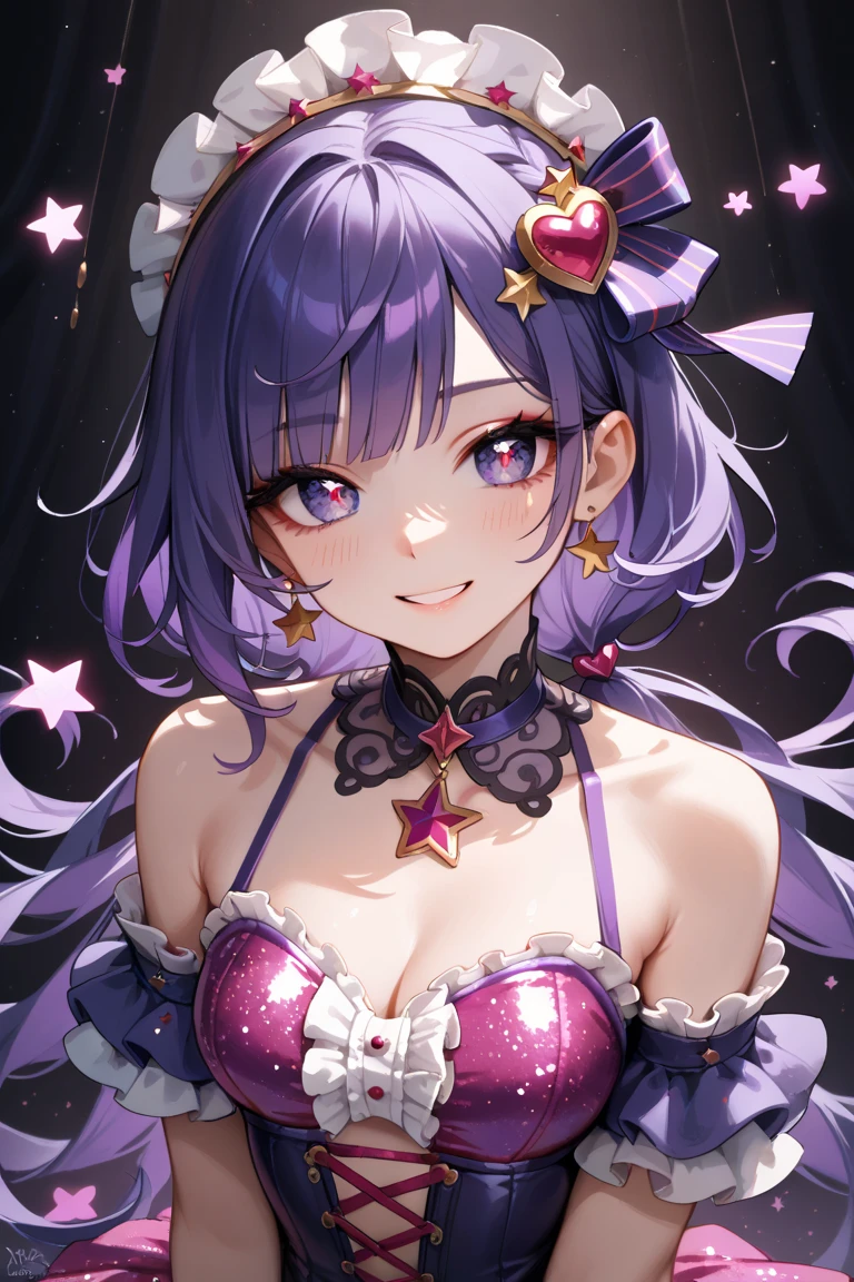1 cute girl, flowing dynamic high short pigtails, straight bangs, dark purple blue hair, open mouth, smiling with sharp teeth, elf ears, bust up image, simple white background, purple skin tone, dark purple hair, wearing a plain swimsuit, excited expresison, white background, dynamic hair, short pigtails