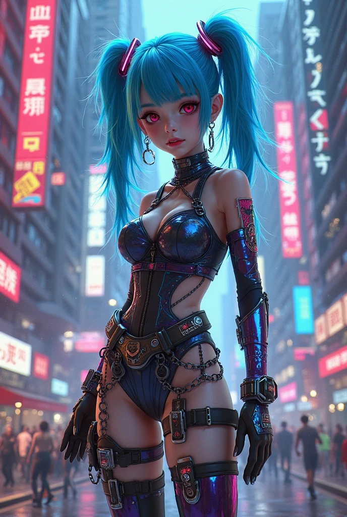 (photorealistic:1.8, highest quality:1.8,8K masterpiece:1.8,High resolution,muste piece:1.8,RAW Photos,cinematic lighting),No split screen, cyber punk、Back alley of the city at night、rain-soaked ground、vapor、 (1 android girl:1.3)、Completely naked、full body tattoo、choker、beautiful breasts、shirt、denim shorts、beautiful butt,beautiful thighs,plump nipples、Nipples are visible through the costume,cameltoe,Body painting with a pop design drawn all over the body、pop art design、cutting edge fashion、conceptual art、 (Beautiful shining red, blue, white, gray and golden hair:1.5)、Stoic