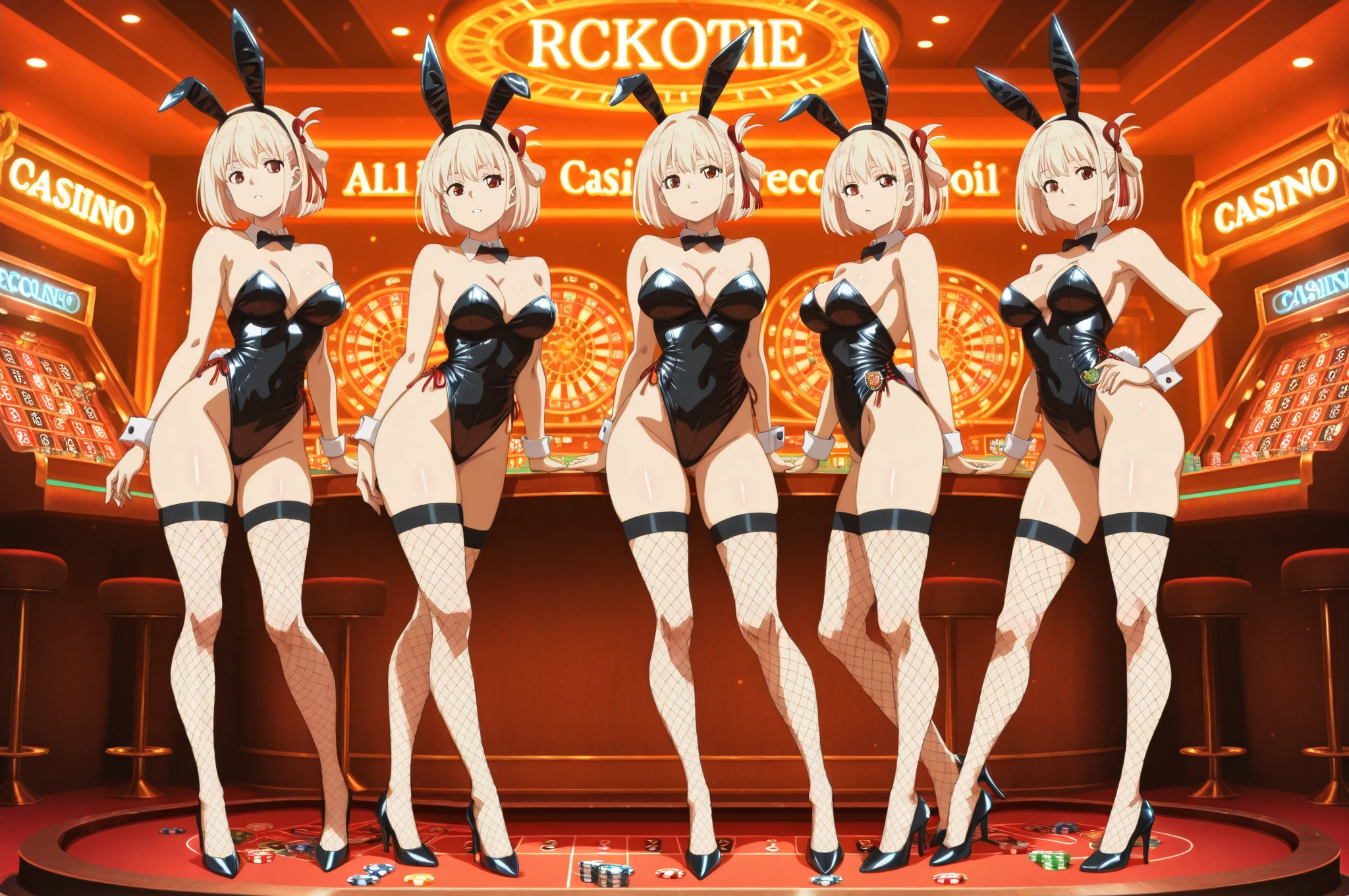((masterpiece、Highest quality、anime))、casino、Beautiful night view、(More than 3 naked girls、12 years old、smile、fun、Mr.々Hair style)、(((Full nudity、Pussy、The characters are unique)))、(Glowing Skin、A pair of rabbit ears:1.3、Ribbon Hairband、Fishnet tights、A bow tie、Bunny Girls 3 or more)、roulette、Slot Machines、Cocktail、Champagne bottle、((The characters are unique、Mr.々Hair style))、Laughter