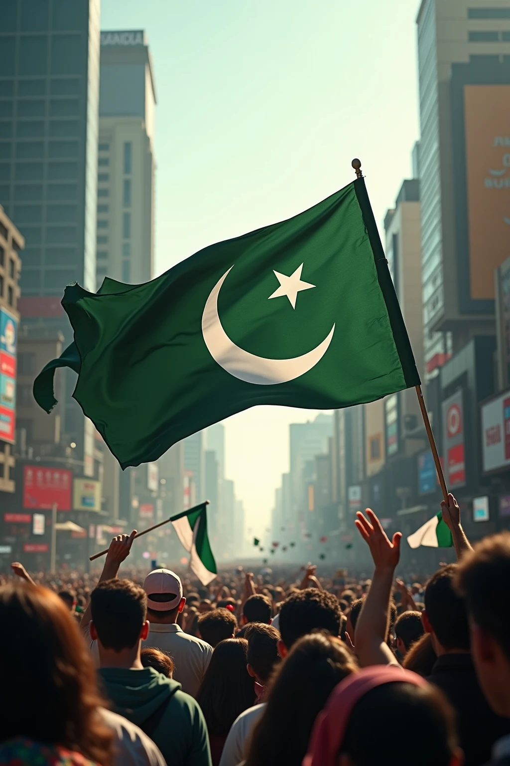 Pakistani flag in rod waving people in crowd area