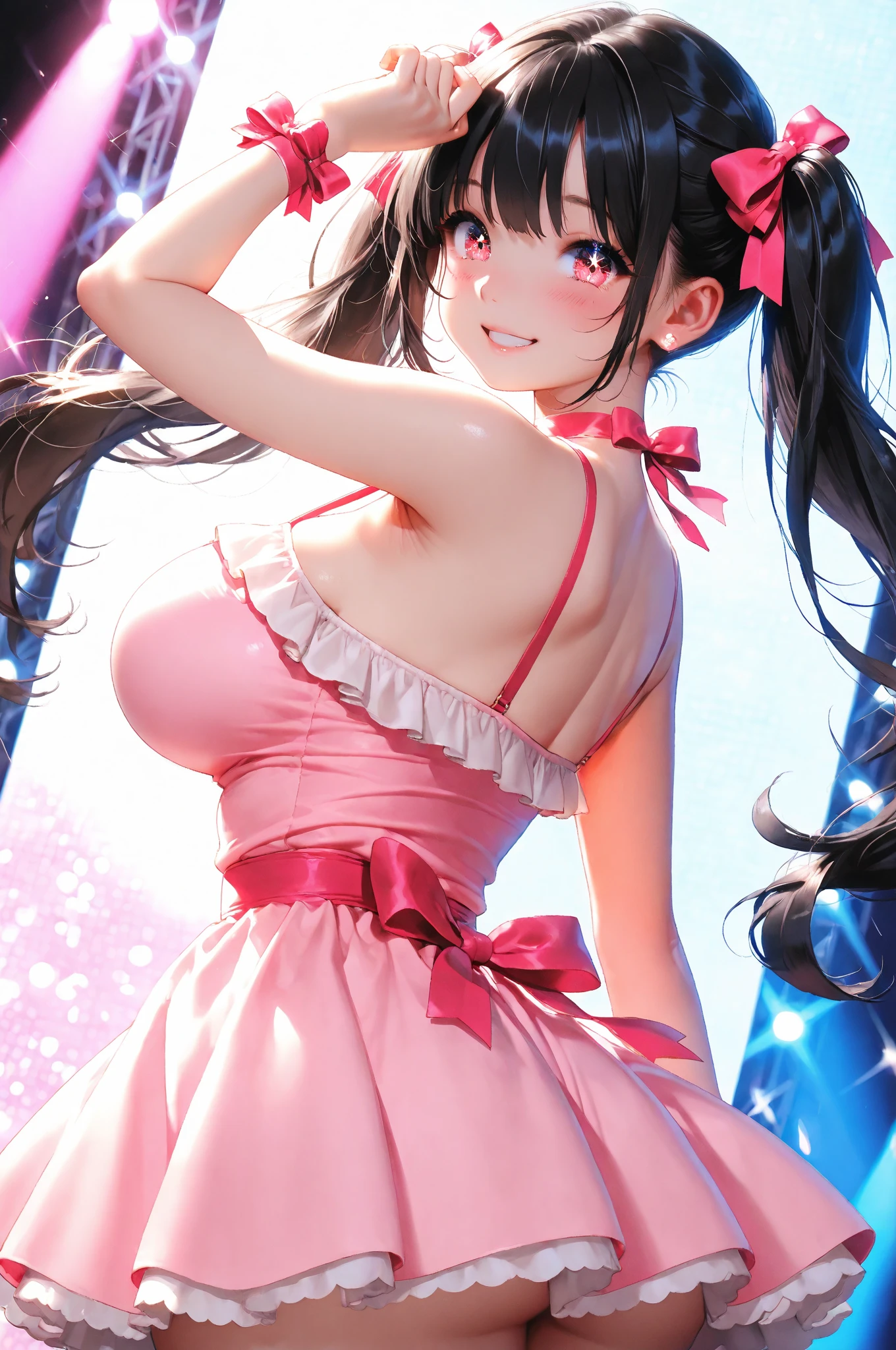 highest quality,wonderful,finely,extremely detailed CG Unity 8K wallpaper, (girls, cute eyes, (magical pink girl outfit,frill mini skirt:1.1), Black Hair, blue eyes, side ponytail, clothed), (sparkling eyes:1.2), (skinny body:1.1), (huge breasts), (cleavage:1.1), (crop top navel:1.1), (open mouth:1.1), (long tongue:1.1), (mouth drool:1.1), (black stockings:1.1),(Thighs:1.2),(Waistline:1.1)