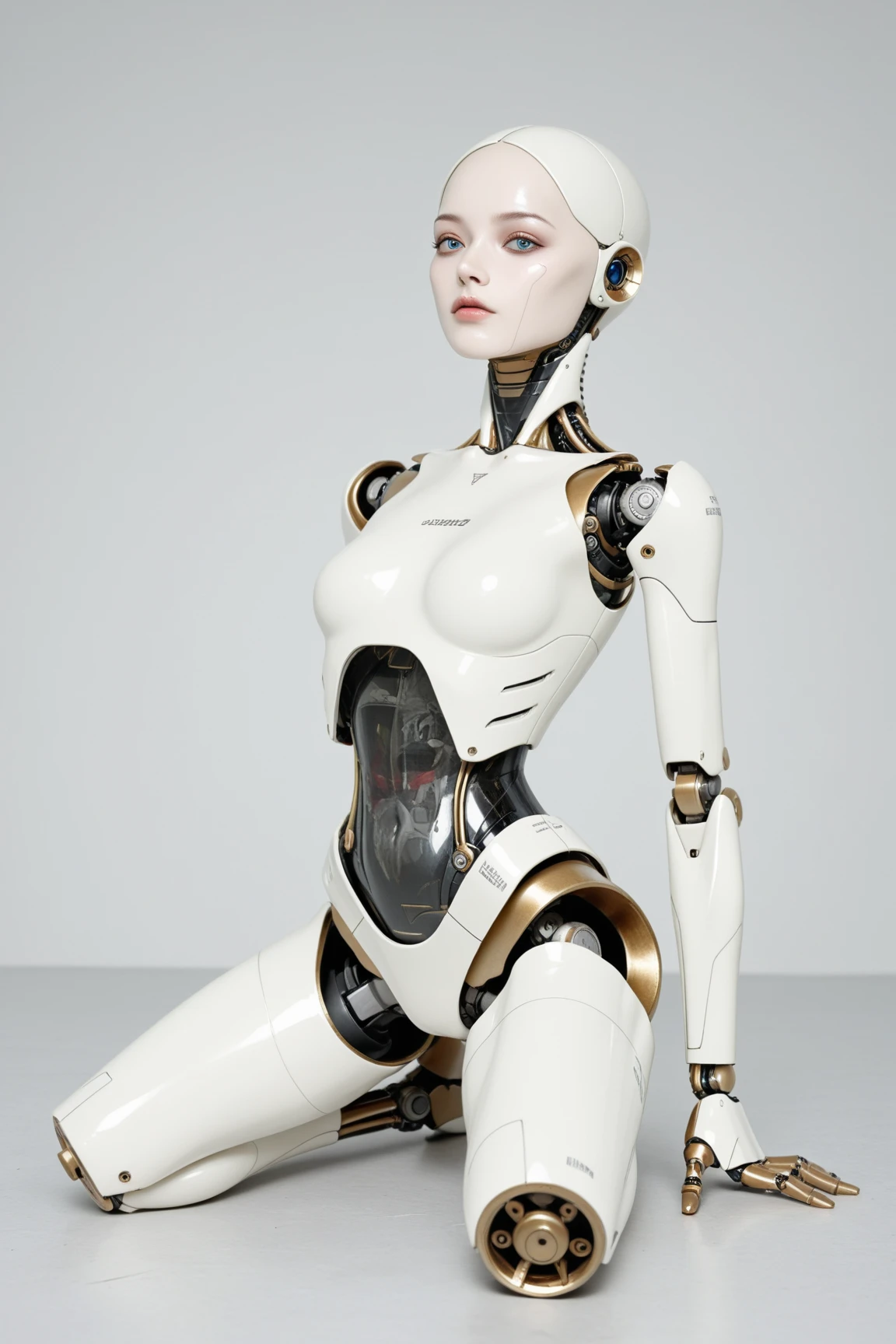 there is a robot sitting on the floor in a bedroom, futuristic robot body, robotic body, close-up of a robot sitting down, beautiful alluring female cyborg, female robot, pregnant female cyborg, full body robot with human mask, dominatrix robot, posing robotically, an image of a beautiful cyborg, robot body, mechanical robot body