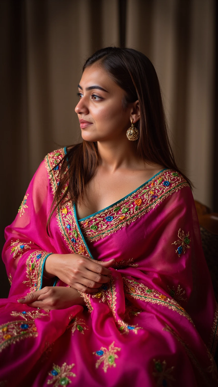ultrarealistic portrait photo of a woman, shraddha kapoor, outdoors, looking looking at camera, ultrasharp, high neck colorful (silk_saree_blouse:1.2) with intricate design, night time, f4, analog kodachrome, beautiful bokeh background <lora:Shraddha_Kapoor_SDXL_LoRA:1>