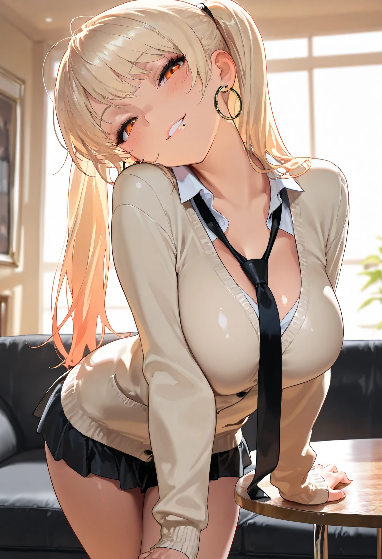 cool adult woman, nee-san type, long hair, swept-side bang, [[[brown hair]]], blonde hair, brown eyes, elegant posture, confident, sitting in cafe scene, cleavage, illustration, ultra-detailed, highres, vivid colors, close-up portrait