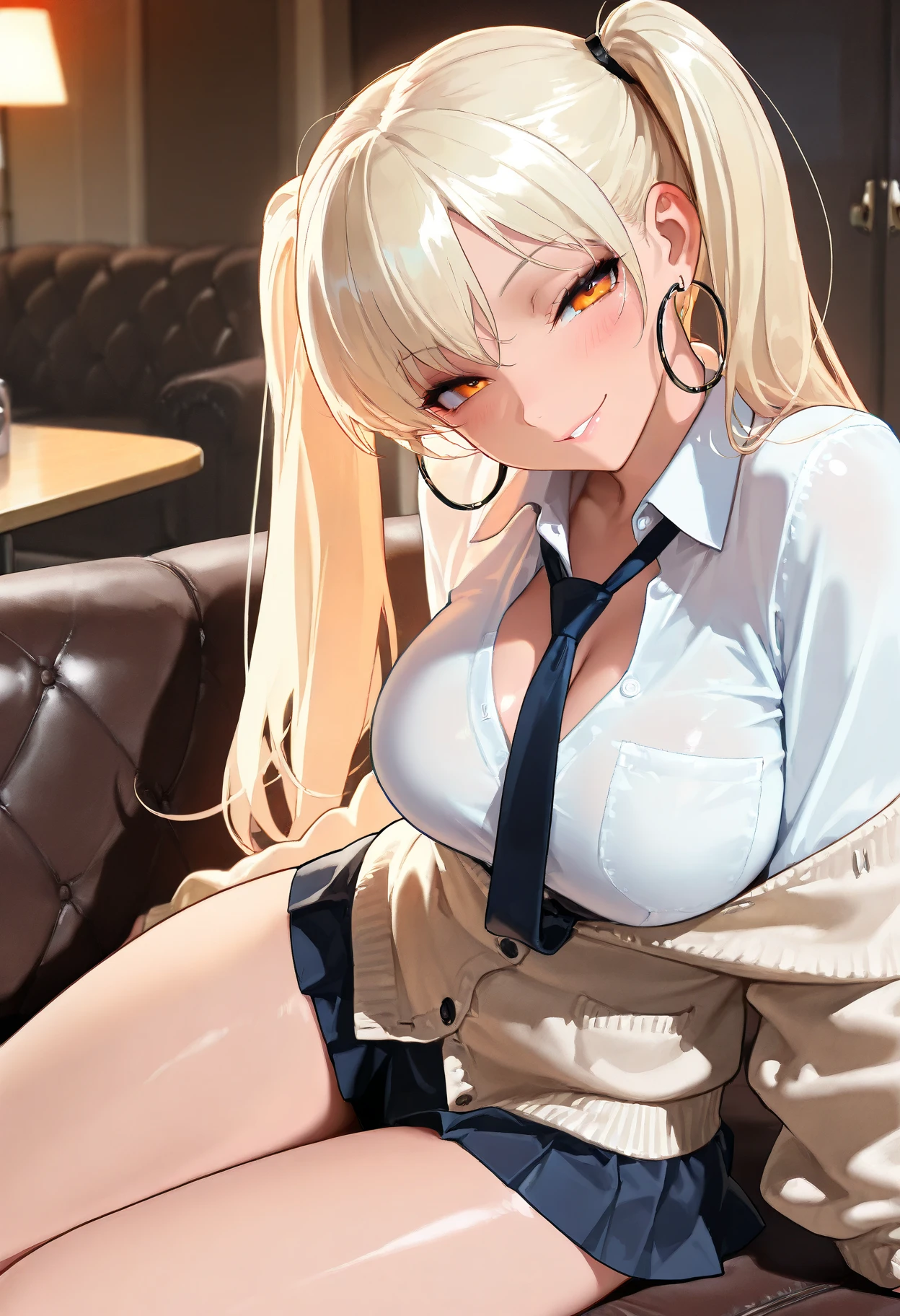 1girl, smile, ((blond long hair,Between dates.)),(( open shirt, white collared shirt)), ((Cleavage is visible.)), medium breasts, skirt,((thigh-high socks)), shy, blushing, 1girl,((tan, dark skin)),((short sleeves))