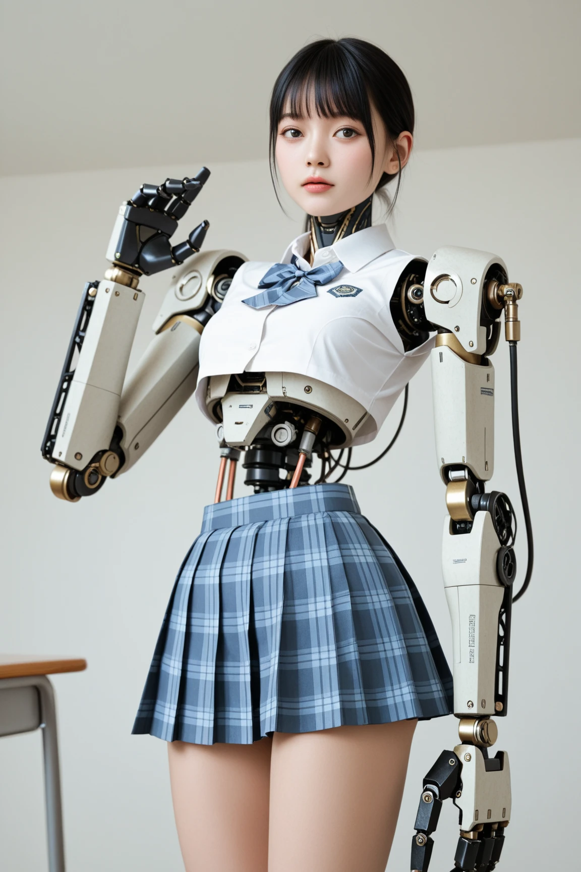 masterpiece, Best Quality, Extremely detailed, Japaese android highschool Girl,Plump ,Navy Pleated Mini Skirt,Black tights,control panels,android,Droid,Mechanical Hand, Robot arms and legs, Black Robot Parts,Black hair,Mechanical body,Blunt bangs,White abdomen,White Robotics Parts,perfect robot woman,The laboratory of the future,cyberpunked,Charging spot,android factory,Robot Factory,cyborg factory,Long Tube,A thick cable connects her neck,ceramic body,blue eyes,Mechanical body,android,robot humanoid,japanese highschool girl uniform,perfect robot girl