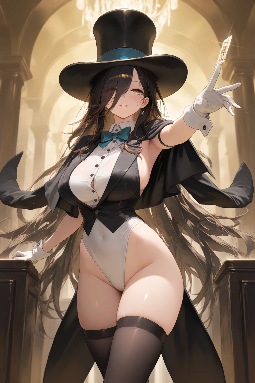 masterpiece, highest quality, super detailed, 　girl、long black hair、short bangs、muscular、huge breasts、white stockings、green　leotard、T-back、(big ass)、Black tailcoat　gold button、smile、Are standing、Black top hat、(heart-shaped　Holding chocolate in hand　Brown)、white gloves