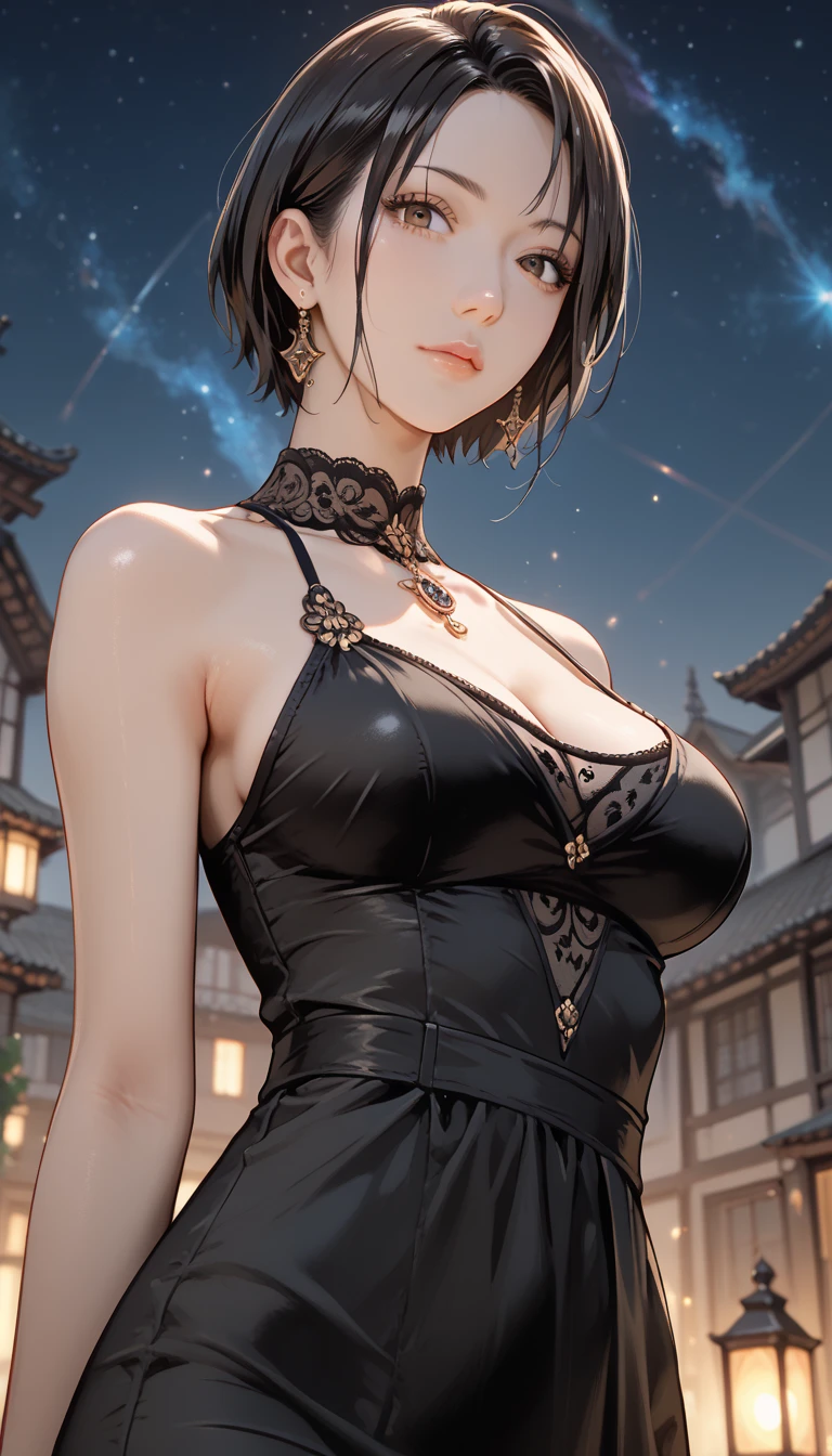 (((masterpiece:1.4, Best Quality:1.4, 8K, ultra high res, Physically Based Rendering))), full body Portrait, ultra Beautiful Sexy Woman, perfect style body, 24yo, Detailed large eyes, detailed thin eyebrows, Highlights in the eyes, (dark brown half updo hair, bangs, hair behind ears), Highly detailed facial and skin texture, Clear focus:1.2, Slender beauty:1.4, ((gigantic beautiful breasts:1.5)), Slim abs:1.1, narrow waist:1.2, Clear facial features, (no makeup), (smile:1.2), (Wearing a see-through long sweater:1.4, off shoulder,sleeveless, sweater lift:1.4, long beauty legs), (transparent black knee high stockings), ((no panties, detailed beautiful pussy exposed:1.4, pubic hair:1.5, cum in pussy:1.5, Cloudy liquid dripping from the pussy to the thighs)), (raise her chin:1.2, open mouth), (looking at viewer), (standing with spread legs wide), (from below:1.2), ((skyscrapers at night, The sparkle of street lamps:1.5)), ((Glowing particles dancing in the night sky)),