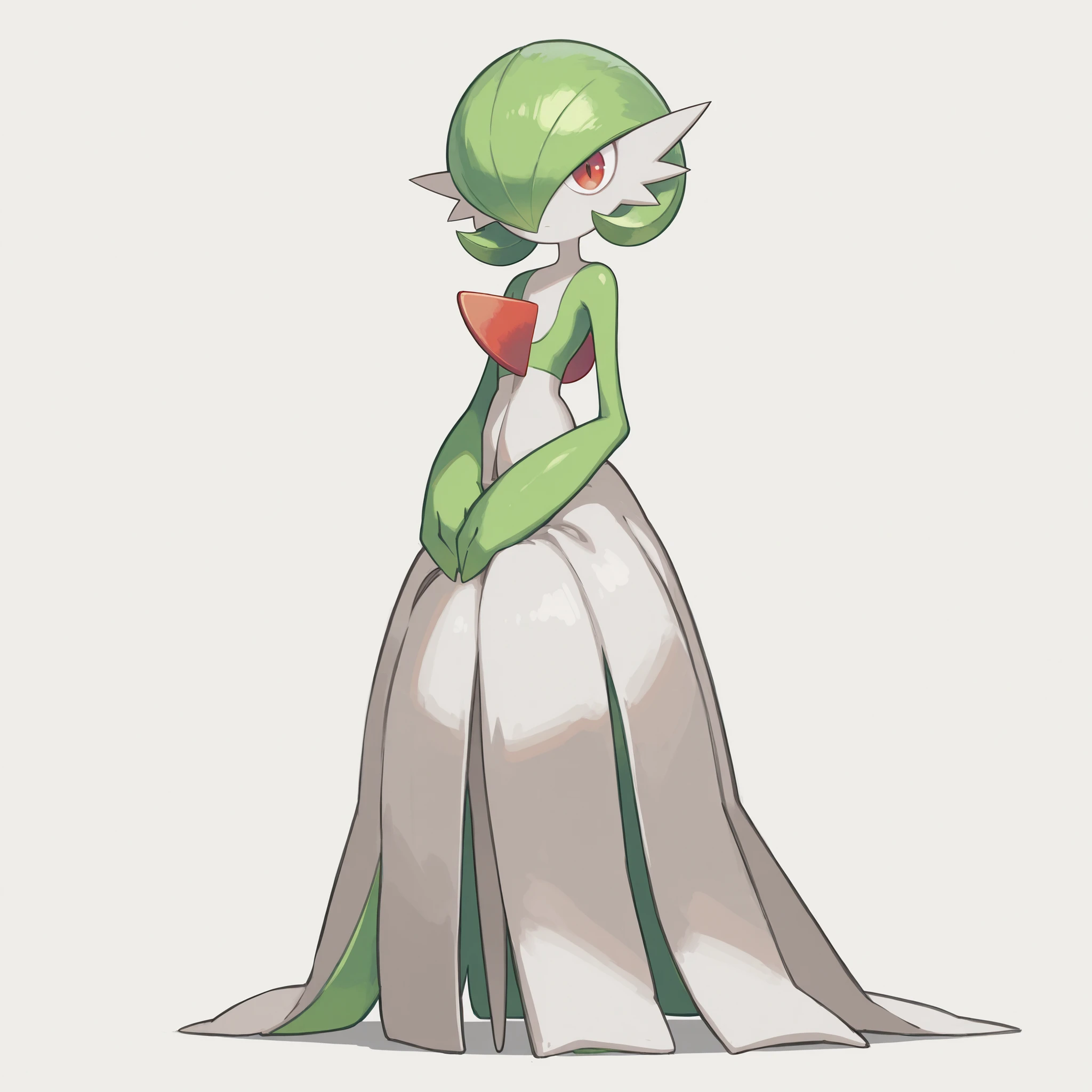 masterpiece, ultra-HD, impressionism, high detail, best quality, very aesthetic, 8k, best quality, beautiful, Gardevoir, 1girl, solo, white skin, green hair, short hair, red eyes, white dress, pokemon (creature), green sleeves, slim, serious, cute, hands on lap, standing, full body, looking at viewer, simple background, front view