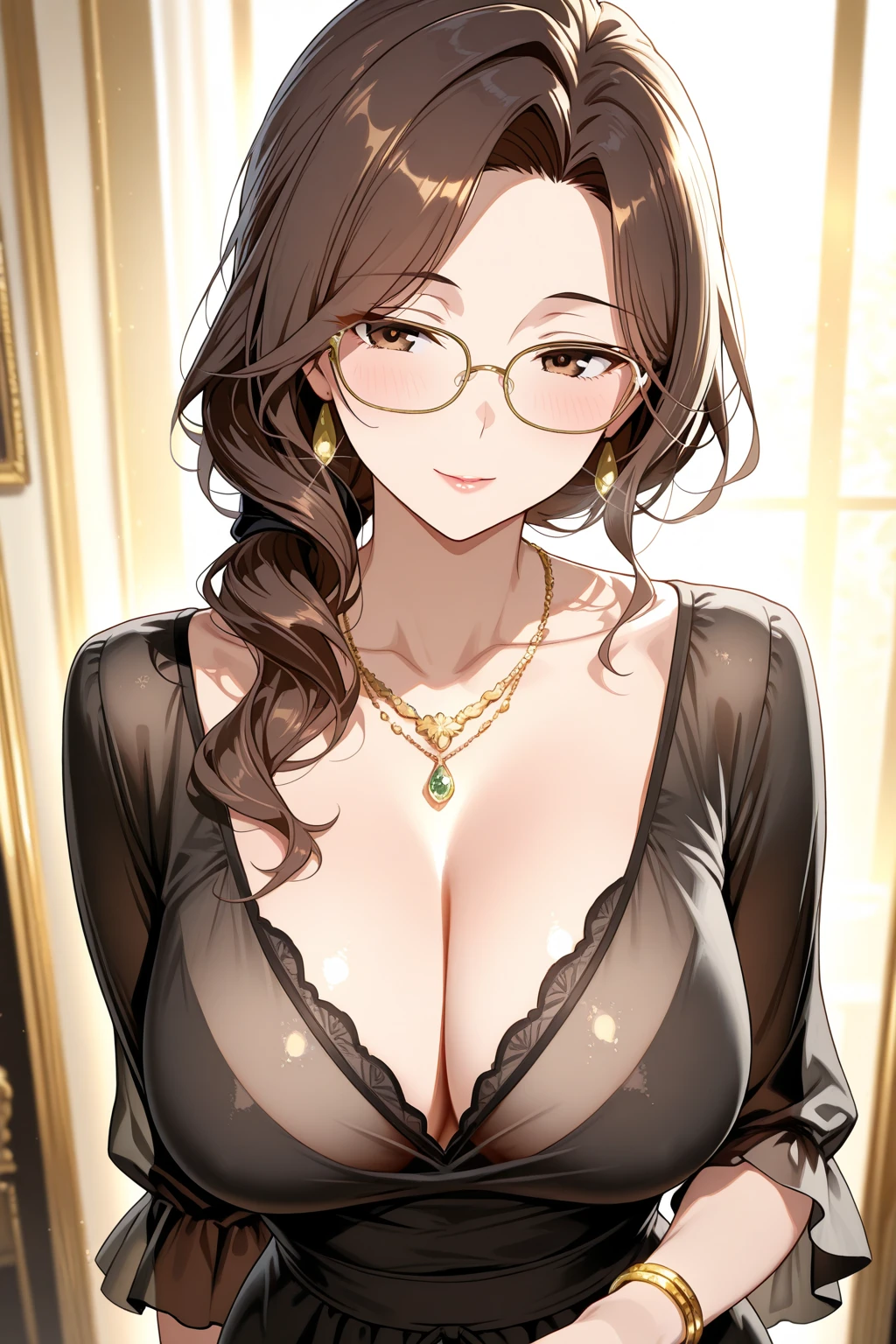 (large breasts:1.55),(shiny,hair),((solo)),((masterpiece)),((best quality)),perfect anatomy,slim waist,perfect image,8k UHD,(beautiful detailed eyes:1.5),extremely detailed face,standing,(upper body:1.25),(look at the front:1.5),arms behindback,ultra-detailed,absurdres,highres,(dark brown hair),glasses,long hair,sleeveless ribbed sweater,(gorgeous indoor room),skirt,(sensitive smile:1.2),(seductive smile),shiny skin,lips.erotic lips