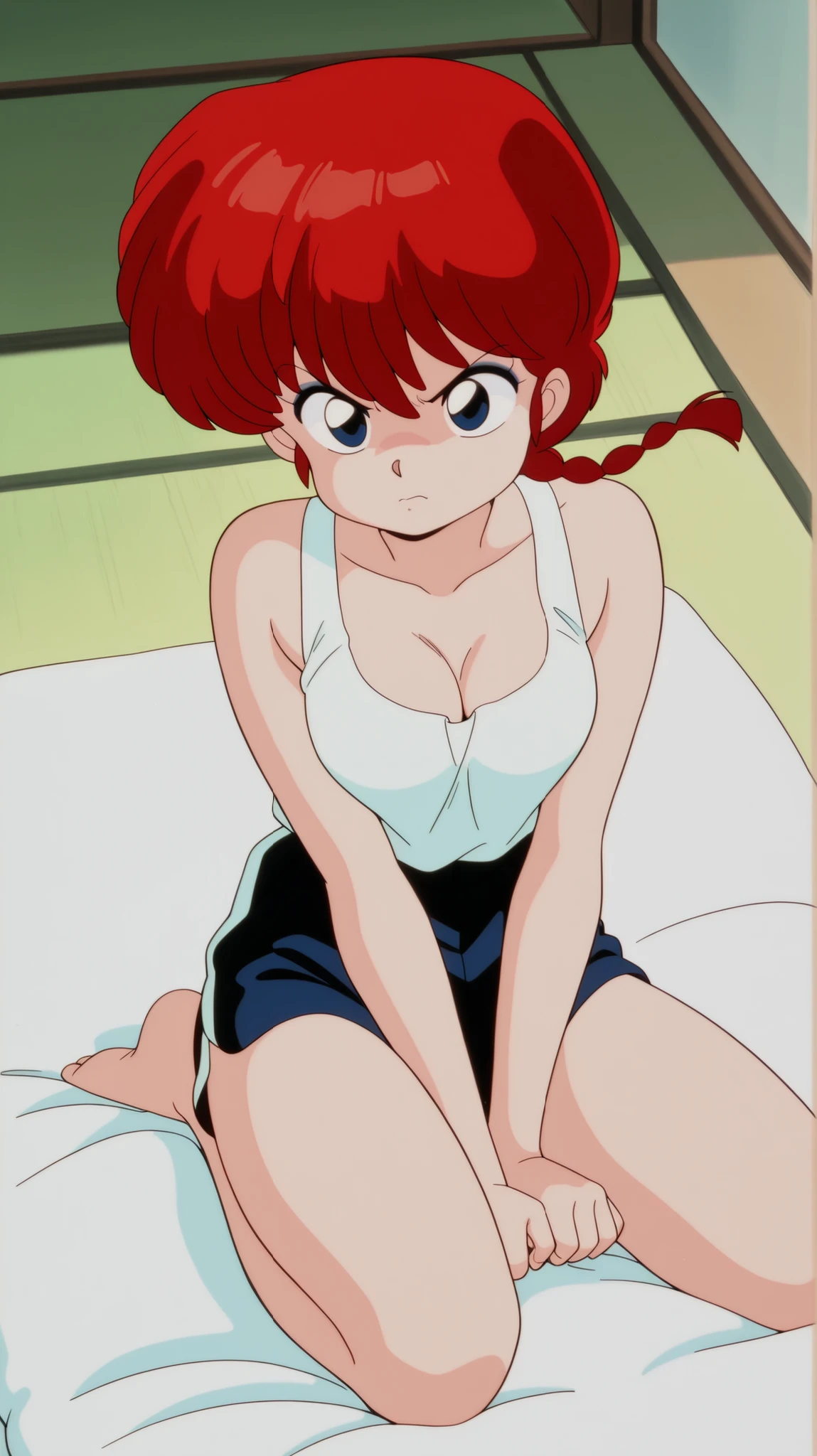masterpiece , best quality , newest , absurdres , highres , detailed eyes , beautiful , detailed background , perfect eyes , anime coloring , retro artstyle , 1990s \(style\) , 1girl, solo, ranma-chan, red hair, long hair, single braid, blue eyes, medium breasts, white rank top, cleavage, gym shorts, barefeet, (sitting), (indoors, bedroom, on futon, tatami floor), angry, imminent fight