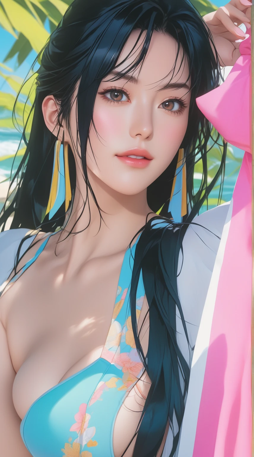 (a sticker,),(3D anime girl),bikini, elegance,beautyful face,(In circlerown background), (pollock border)（oil painting style）， ultra - detailed, best quality, Detailed diagram, vectorized, 8K, 专业a sticker设计, Graphic design, vector lines, a sticker, Full-HD