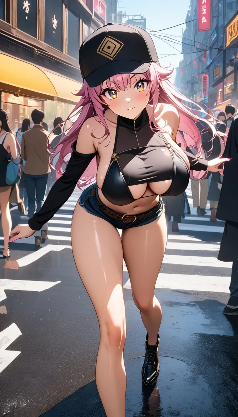 pink hair、twin tails、big breasts、tits、swimsuit、exposed、Slut、Thighhighs、long coat、city、In town、intersection