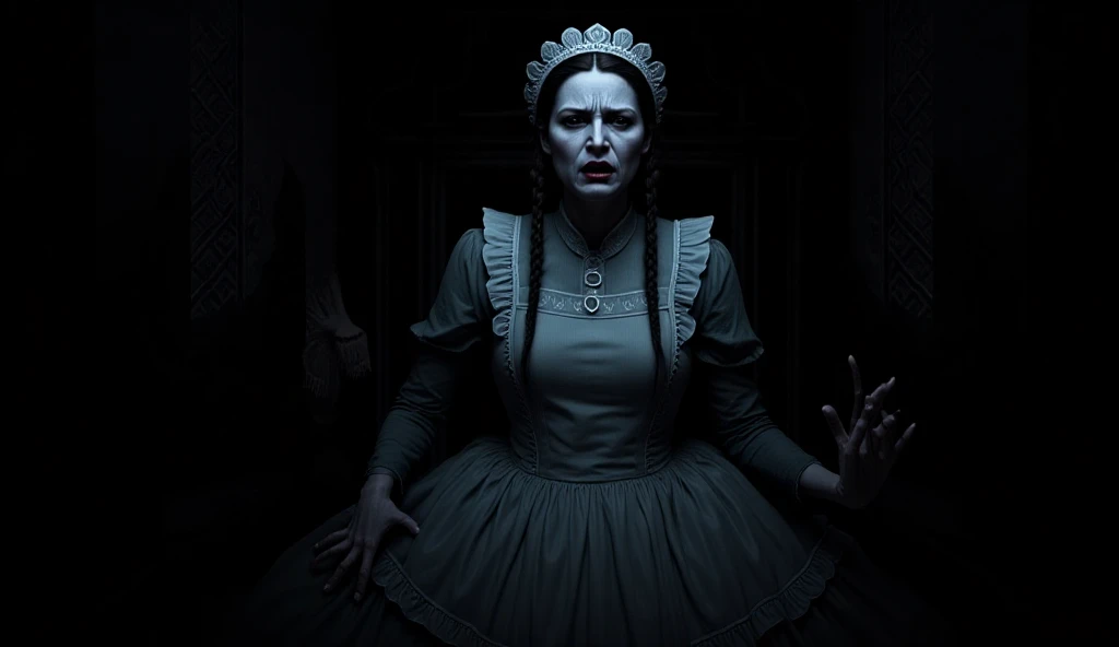 photo transparent (ghost) Victorian translucence woman in black dress,holding a letter,cold eyes, realistic complex character, masterpiece, absurdness, (transparent shape), haunted house, highly detailed, 4k, professional, mystic light,bw,monochrome, <lora:Aether_Ghost_v1.1_LoRA:0.8>