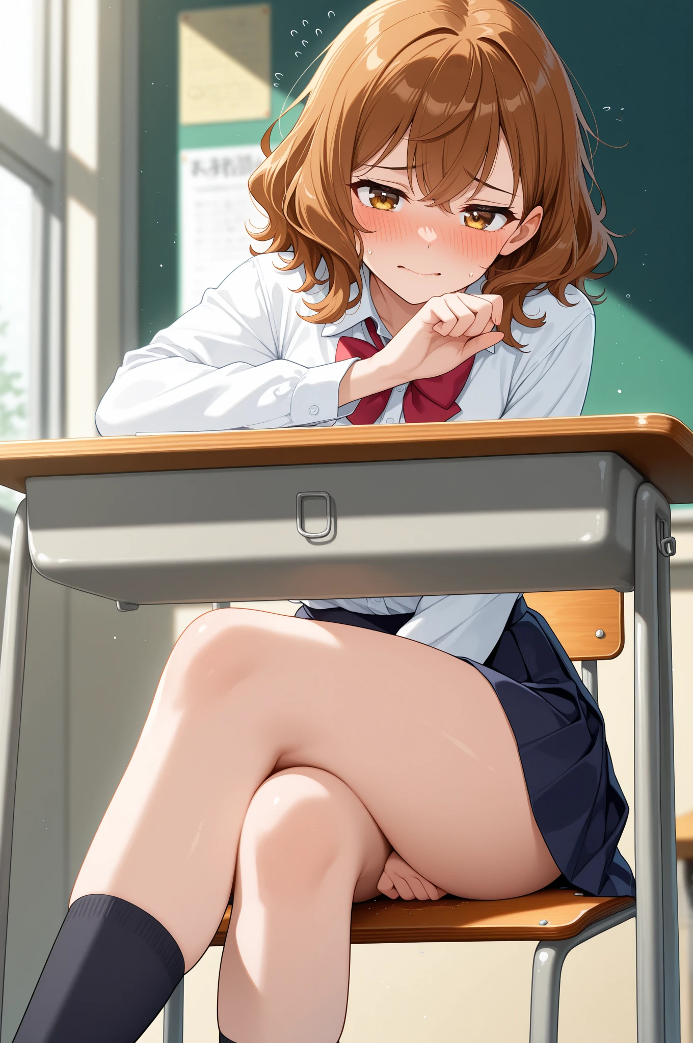 ((leotard)), girl,actress,long eyelashes,spread your legs,cute,cute,short bob shaggy, (下着姿のhigh school girl)1.3,(masterpiece)1.3,anime visual,high school girl,(sit on school desk)1.5,M-shape spread your legs