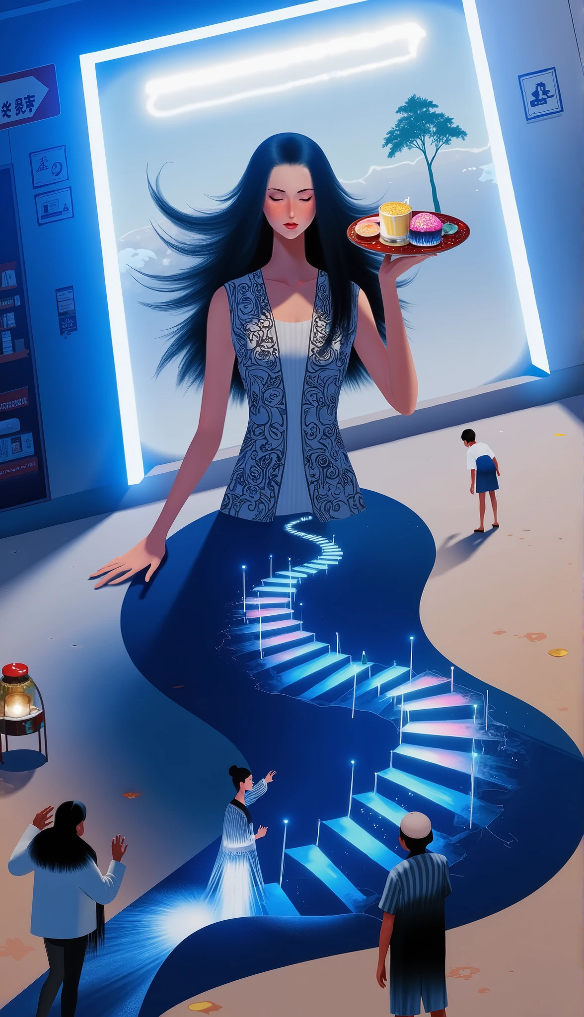 场scene设计,” the magic in the ordinary”,A secret drawer under the cash register in a super magical space,A strong blue light leads directly to the core of the earth,The rotating light staircase,
,A faded feather pen with magical light and a glass bottle filled with mysterious galaxy-colored ink,Openwork atomized Arafat woman in a white dress holding a plate with a plate on it, Inspired by, Japanese robot geisha, Inspired by Herbert Bayer, pop japonisme 3D super detailed , Surreal avant-garde style , Japanese pop surrealism, Ghost in the Shell Geisha Robot, Cinema 4D Art, Japanese pop surrealism, Art Deco Shaman 。scene:The late-night convenience store's door axle gently opens,A gentle heat wave envelops the aroma of Kanto cooking,against my cheek,and hugs the cool night breeze outside。The fluorescent tube buzzes,The halo is smudging,The air smells mixed with food and electricity。Sturdy furry wolf at the convenience store 、deep in the classroom or alley,hidden undetected magical miracles in everyday life