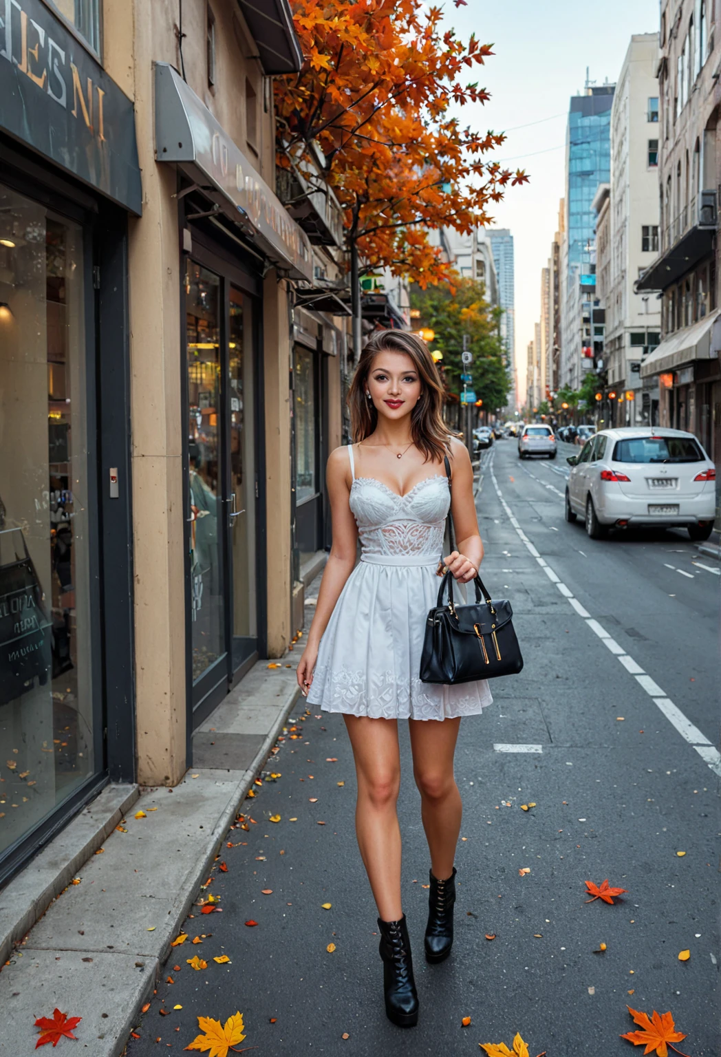 Beautiful 26 year old woman, 170 cm tall, 60kg weight, White skin, long darl curly hair, green eyes, hairstyle, wearing loose strapless dress, Cowboy boots, jacket, heels, looking somewhere else, (((Mall))), front of the window, laughing out loud, natural morning light, Realistic portrait, Very detailed, analog style, under the chest, mama, (((Whole body))), (((holding a reflex camera))), camera on hands