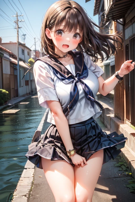 1 girl, 17yo, beautiful girl, Super detailed, highest quality, detailed face, transparent beauty, realistic, deep and fine eyes, sparkling eyes, (Beautiful shiny brown eyes with reflection), glossy black hair, school sailor uniform, serahuku, mini skirt, knee high socks, big breasts, shoot from above, looking at the viewer, (blush:1.1),squat