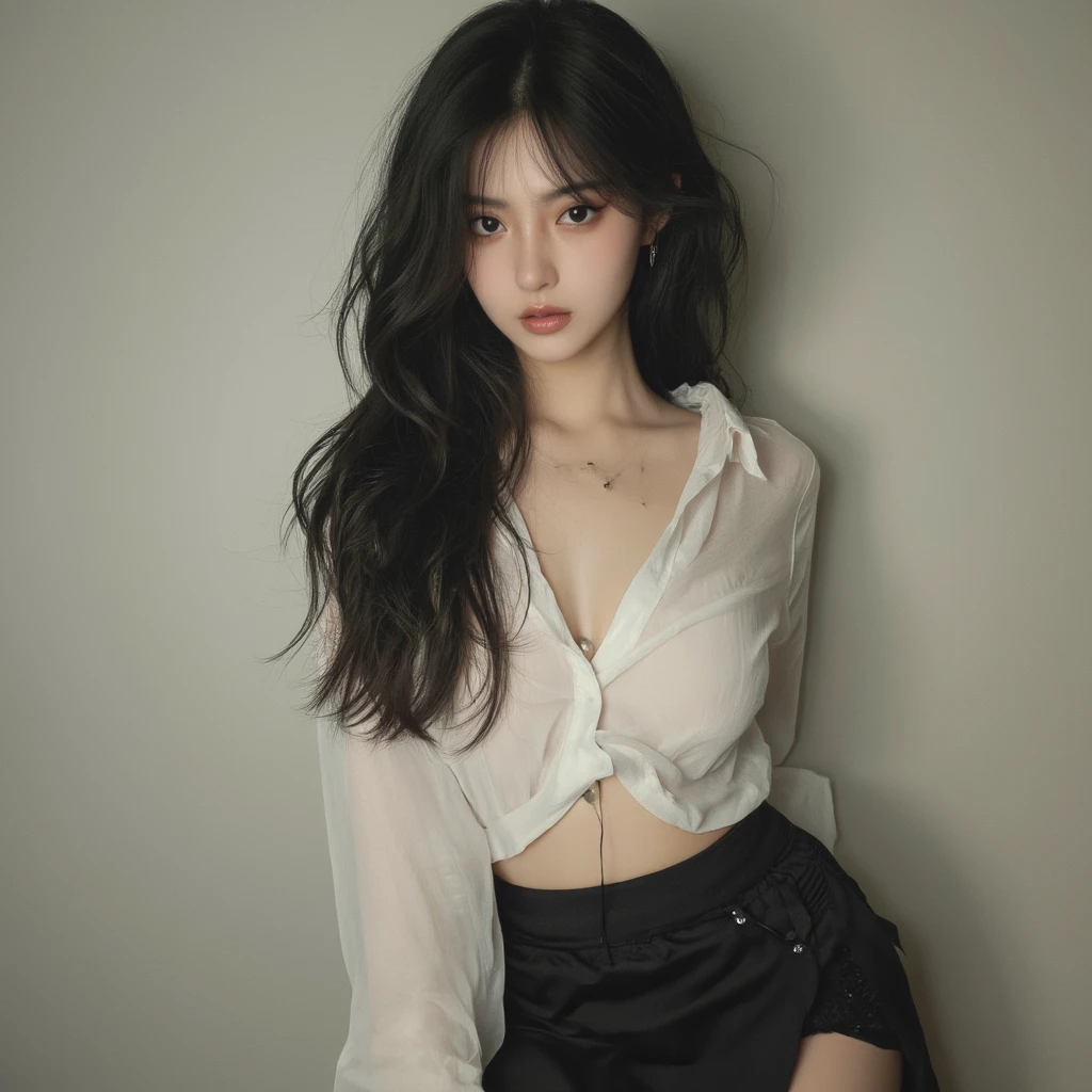 (8K, Highest quality, masterpiece: 1.2), (Realistic, photoRealistic: 1.37), beautiful, Sharp focus :1.2, 完璧な体型のbeautiful女性 :1.4, 1 Girl,Slim Abs :1.2, Hair color is black、Eyes are dark brown、Long Hair、Straight hair、(White long formal shirt)(Unbutton your shirt.), play、takeoff、jeans, 頭の上にhandcuffsをかけられた, handcuffs、please stretch your arms、In the basement, ((jeans))、 Wrist bound,頭の上にhandcuffsをかけられた, Handcuffs,Hanging from the ceiling by both hands