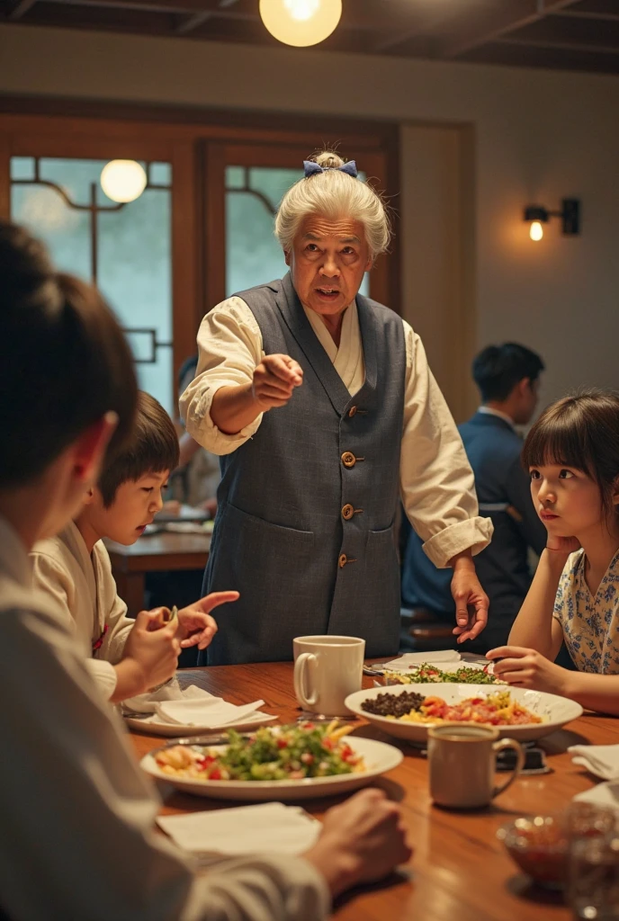 8K,tmasterpiece,Natural lighting,sitting before a table,Outdoor photography,sface focus,detailed face with,facial wrinkle,2 people,Sit face to face,Male elderly,White hair,Hairpins,Taoist costumes,Hanfu,5 year old boy