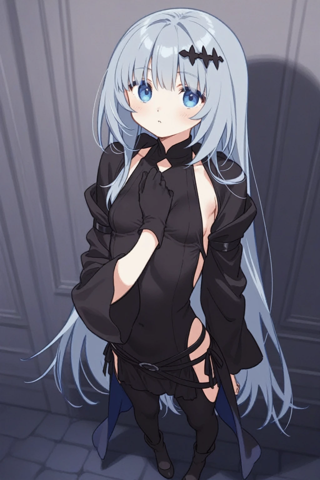 best quality,megami magazine,[[[[[[[[extra limbs]]]]]]]],[[[[extra digit]]]],[[[[fewer digit]]]],full body,face focus,eye focus,((((1girl)))),blush,pale skin,petite,blue eyes,small breasts,((woman)),((((wariza)))),magic hour,silver hair,((long hair)),((straight hair)),bare shoulders,gothic sundress,((((black coat)))),frilled skirt,black platform boots,elbow gloves,
