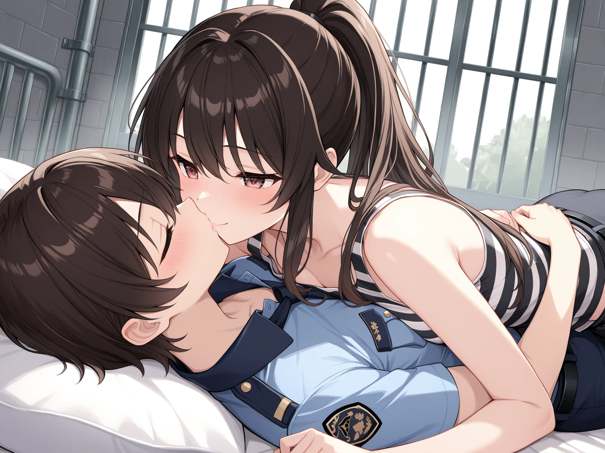 (man and woman kissing:1.6),, (masterpiece, Best Quality, high resolution, nffsw, Perfect Pixel, depth of fields, 4K), , Perfect body, , (boy and girl:1.6), (2 human in picture:1.6) boy on top, maou_misa_normal, brown hair, brown eyes, , uniform, two side up, , twintails, breasts, , hair ribbon, ribbon, dress, hair bow, long hair, frown, white dress, hair ornament, , large boob, ,, , nsfw,(ecstasy:1.3) ,(slut:1.2),(vulgarity:1.3),(fucked silly:1.1),(steam:1.1),(wet:0.8),(trembling:0.8),(tears:0.7) ,(drooling:0.6),(sweat:0.8), wince,(orgasm:1.5), , (nipples:1.4), (boy fondle girl's breasts:1.6) , , (hardcore sex:1.6),
