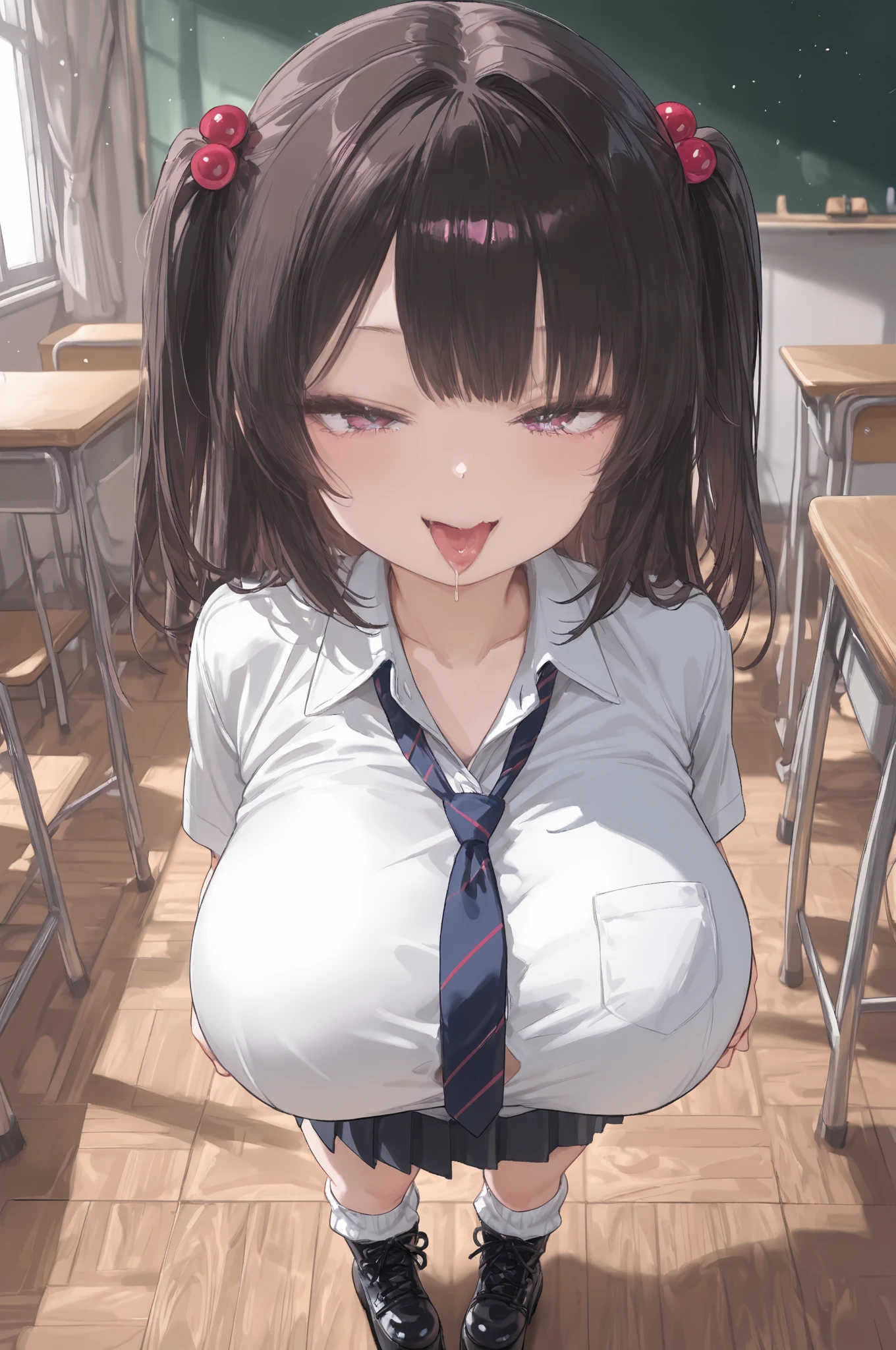 ((The woman is kneeling and staring with her tongue sticking out as if licking.:1.4)), (Melted ice cream dripping from my tongue:1.2), cum in face, ((highest quality)), (Super detailed), (very detailed CG 統合 8k 壁紙), very detailed, High resolution raw color photos, professional photography, ((beautiful big breasts)), brown hair, side ponytail, wonderful face and eyes, slender body, (amazingly beautiful girl), (school classroom:1.3), (blazer, white shirt, checked skirt, Red ribbon at neck), (Her shirt is open around her chest, exposing her bra, Stylish pink micro bra), Exact number of arms, Exact number of legs, perfect anatomy, (embarrassed expression, Expressions of sexual pleasure, Eyes half-open), (The melted ice cream wets my chest:0.87), Angle from above