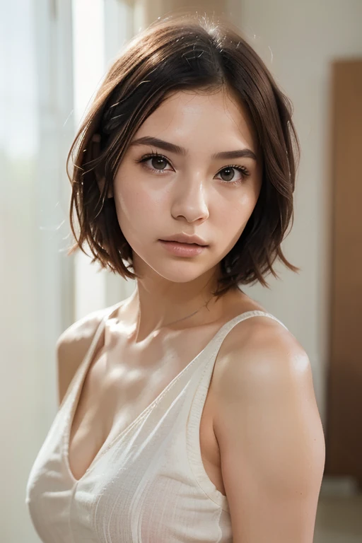 ((Realistic lighting, Highest quality, 8K, masterpiece: 1.3)), Clear focus: 1.2, One Girl, Perfect figure: 1.4, Slim Abs: 1.1, ((Dark brown hair)), (White Crop Top: 1.4), (indoor, noon: 1.1), street, Highly detailed face, Beautiful Eyes, double eyelid,short hair,The Beauty of Japan,