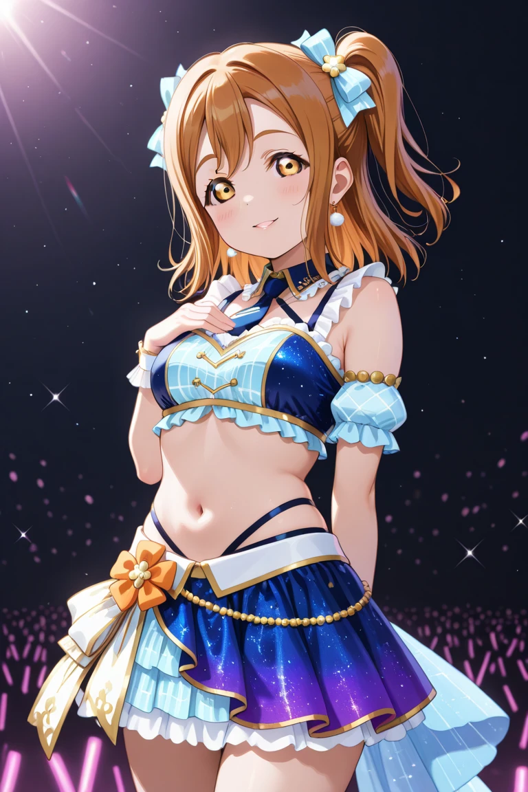 Happy, 8k, super detail, super detail, textured skin, anatomically correct, 8k,love live!, Hoshizora rin,(beautiful detailed eyes), (best quality), (ultra-detailed), (masterpiece), solo, (dynamic pose), 1 girl, wavy medium hair , shiny skin., big eyes, anime, ( lips:0.6), (blue crop top painted with stars), white harem pants,bracelet, jewelry, veil, curvy body , hip veil