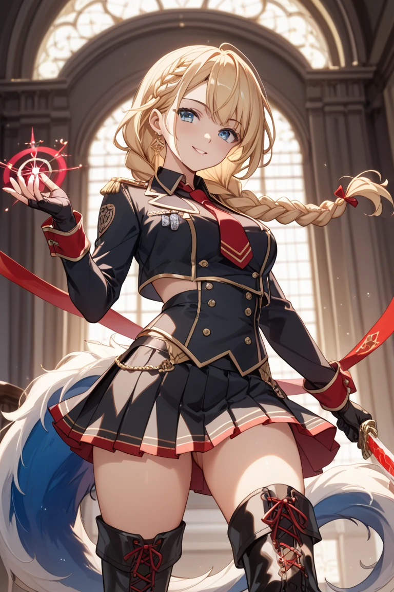 cute, small, short, flat, masterpiece, detailed, high quality, absurdres, Tanya Degurechaff, 1girl, solo, evil grin, curvy, military, military uniform, pussy peak, no panties