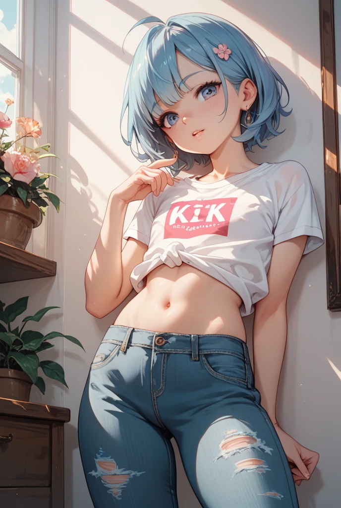 girl, pink clothes, tight shorts, (very tight t-shirt), (shiny skin), long legs, bare feet, (((full body))), (small breasts, big hips), anatomically correct, short hair, blue hair, naughty face, standing still, relaxed pose, picture from the upper view, top view, ((ultra 4k)), detailed picture, color background