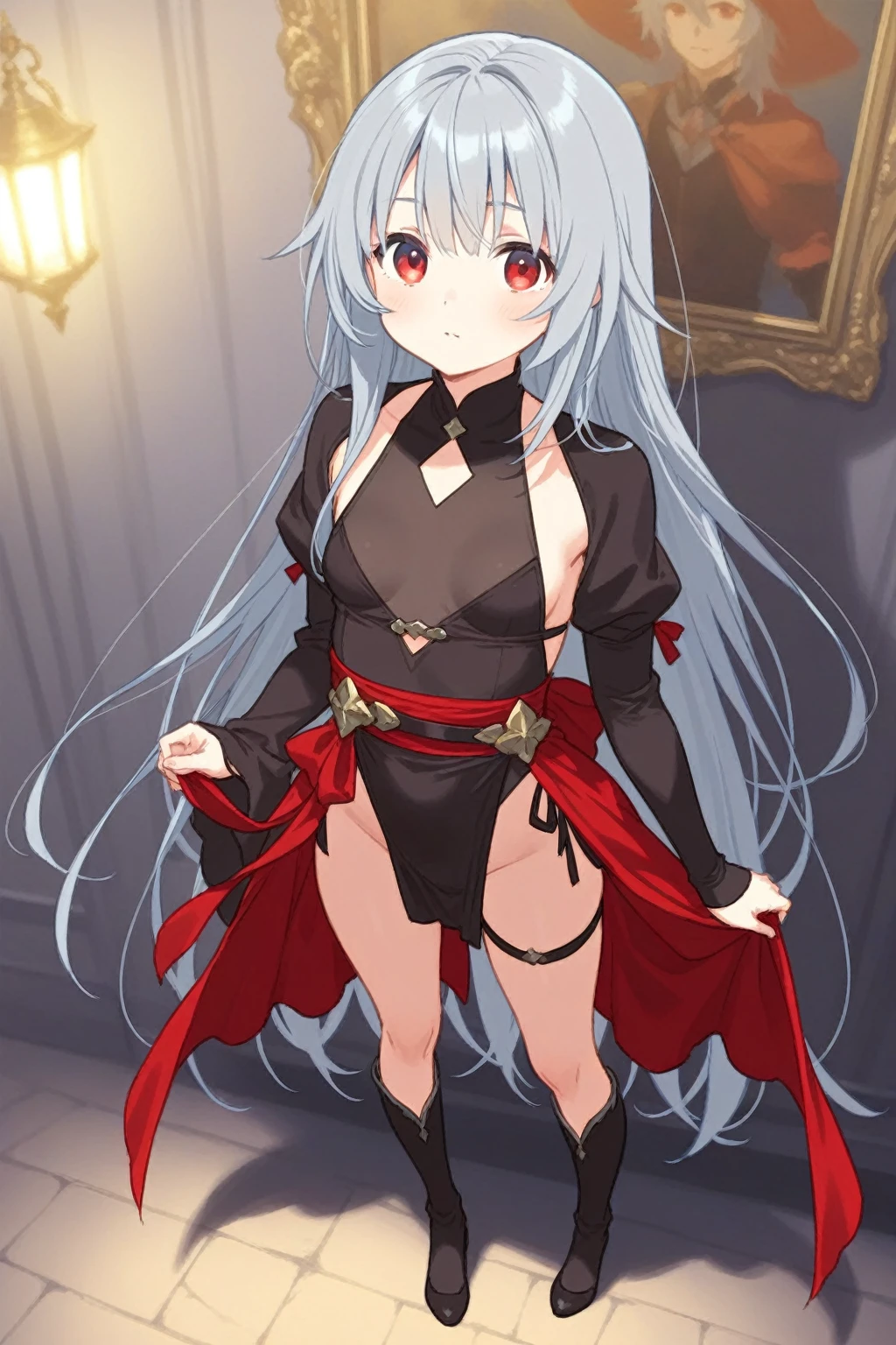 masterpiece, best quality, 1girl, solo, breasts, long hair, navel, cleavage, dress, gloves, elbow gloves, very long hair, black gloves, hair ornament, groin, black footwear, black dress, side slit, grey eyes, choker, large breasts, hair flower, freya \(danmachi\), <lora:freya_(danmanchi)_v1:0.6>, (mature:1.2), (night:1.2), walking, castle, outdoors, expressionless