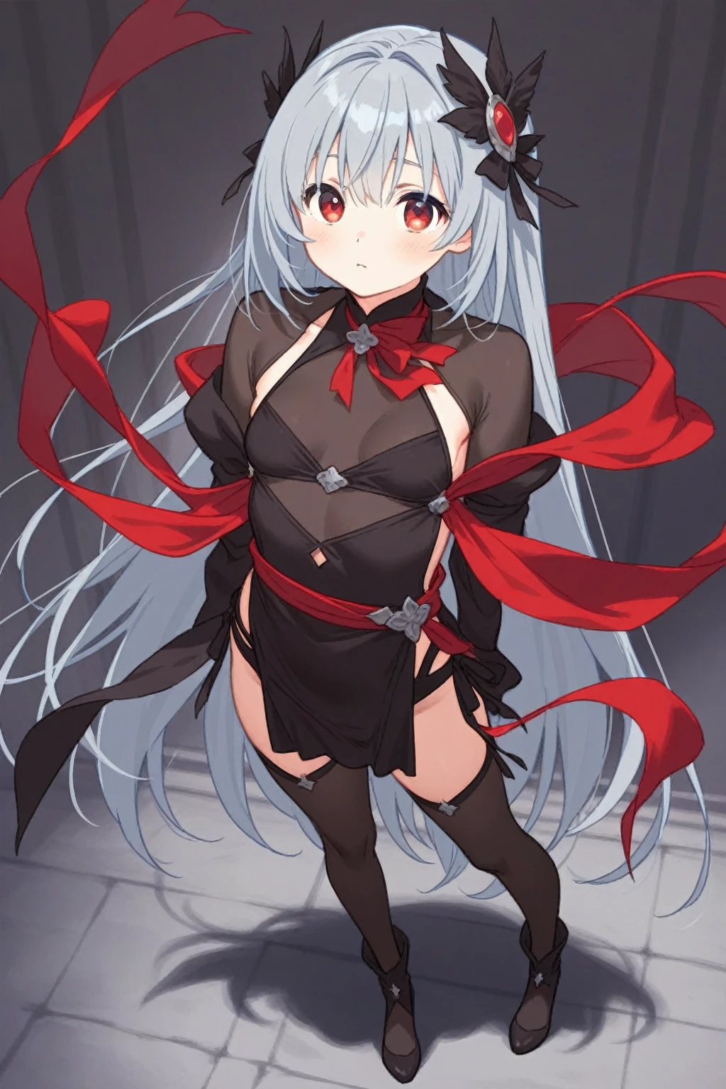 female, silver long hair with black highlights, red eyes, (((1girl))), (((red sleeveless dress with black trim))), (black heels), (black bracelets), (black choker with ruby), cute and sexy, full body, huge breasts, large butt, long legs, smiling