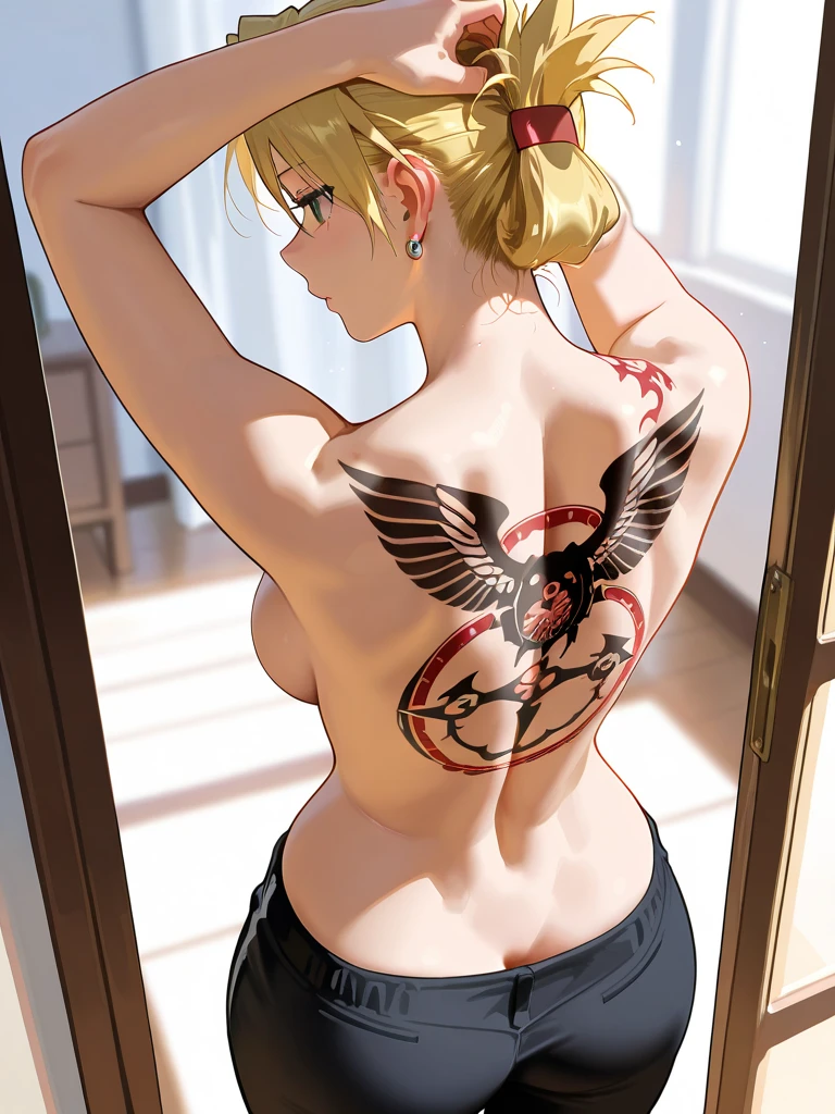 Android 18、Back tattoo, look back, UHD, retina, masterpiece, ccurate, anatomically correct, textured skin, super detail, high details, high quality, best quality, highres, 4K