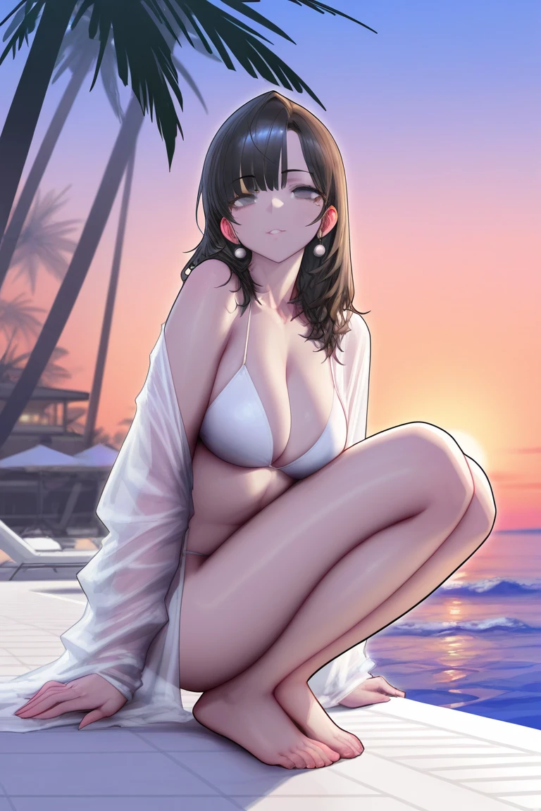 ((Highest quality)), ((masterpiece)), (detailed), One girl, sexy,Observing the stars,Summer beach at night