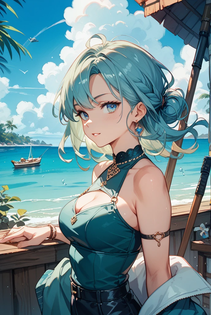 Anime Moe Art Style,highest quality,High resolution,Anatomically correct,One Girl,Mid-teens,A girl with light blue hair in a ponytail,Super detailed,Fantasy World,Off-the-shoulder tops,mini skirt,Big Breasts,Daytime,desert,The sun shines,A rich expression,It's hot,Sweating,Eyes drawn in detail,hair ornaments,necklace,bracelet,ring,8K