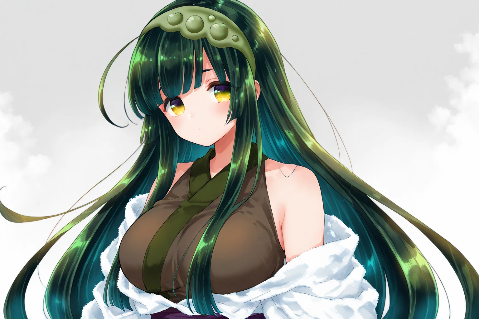 Expressive, score_9, score_8_up, score_9_up, Touhou, masterpiece, high quality, highly detailed, 1girl, kochiya sanae, solo, green hair, long hair, green eyes, long hair, big breasts, blush, round breasts,,,,,, frog hair ornament, hair tubes, snake hair ornament,,,, thin waist, sit on stool, white background,, virgin killer sweater,