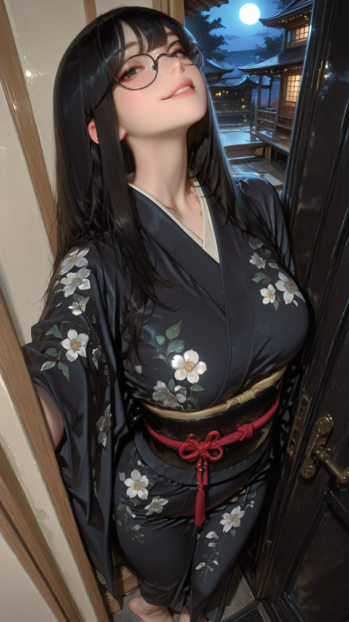 masterpiece, hinata\(boruto\), 1girl, mature women, (((Red floral satin kimono with spaghetti strap top))), (((Selfie))), (((Close-up photo))), (((Closed Clothing))), (((cleavage))), (((big breasts))), (((big round breasts))), (((round breasts))), (((extremely heavy breasts))), (((Colossal tits))), (((heavy breasts))), (((plump breasts))), (((perfect breasts))), (shy face), detailed lips, beautiful face, blush, (pink lips), (((long hair))), white eyes, gentle gaze, smile, super realistic, detailed, realistic face and body, realistic hair, realistic eyes, realistic nose, realistic lips, seductive pose, (((straight bangs))), (dark blue hair), 28 year old girl