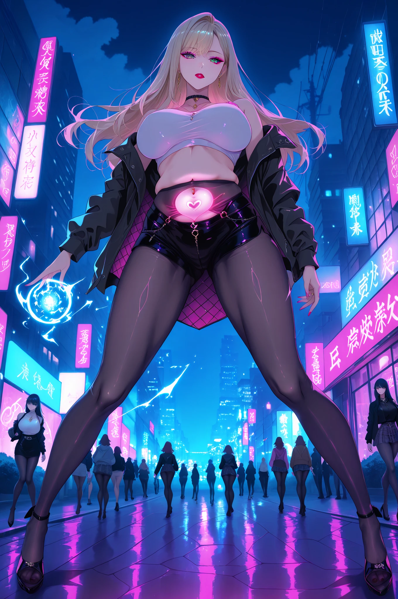 (masterpiece:1.37), best quality, (extremely detailed:1.37), woman, mature, adult, large breasts, very long hair, dark purple hair, purple eyes, (extremely detailed eyes:1.37), hoodie, jeans, desperation, (wetting self:2.0), standing, city, futuristic, neon lighting, high-tech, full body