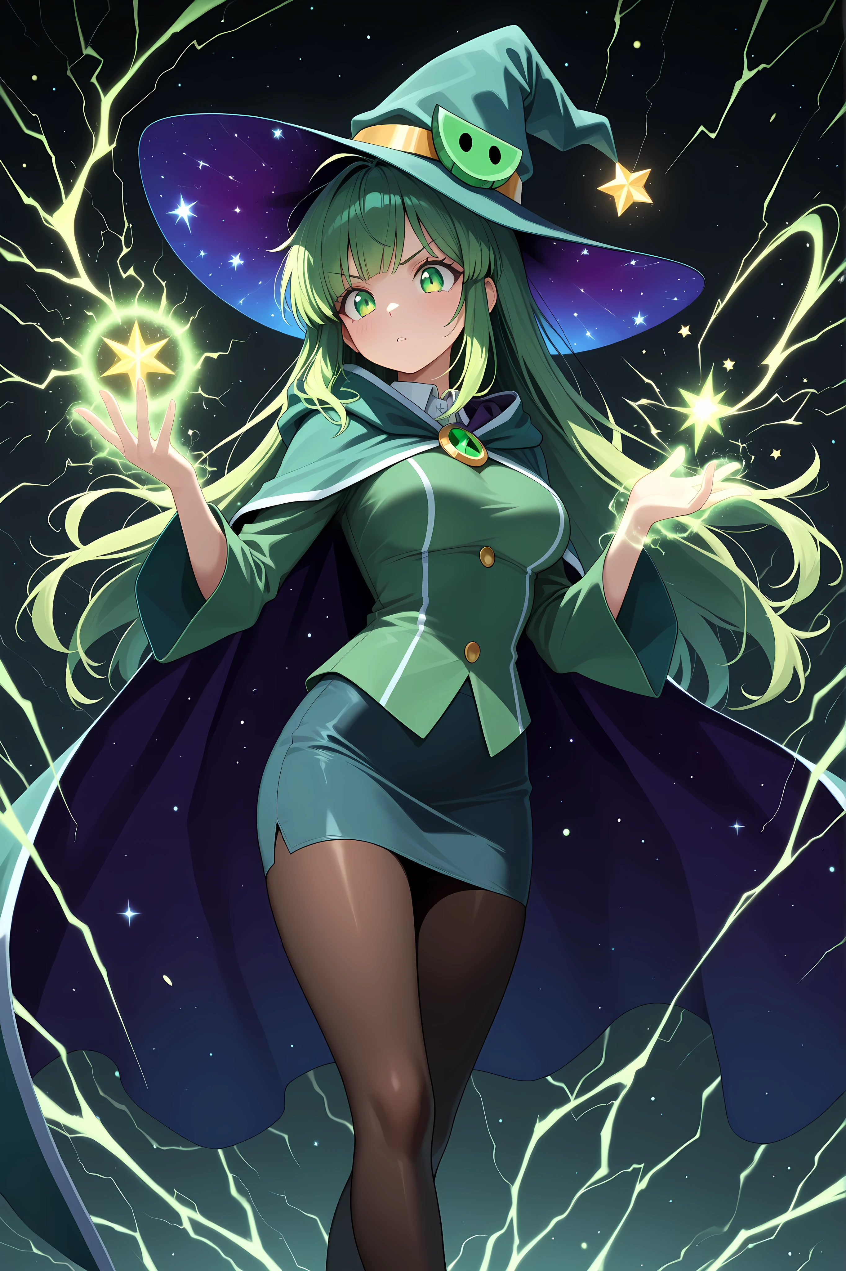 masterpiece, best quality, high definition, Vannamelon, Wizard, green pencil skirt, pantyhose, Using Magic, Electric shock