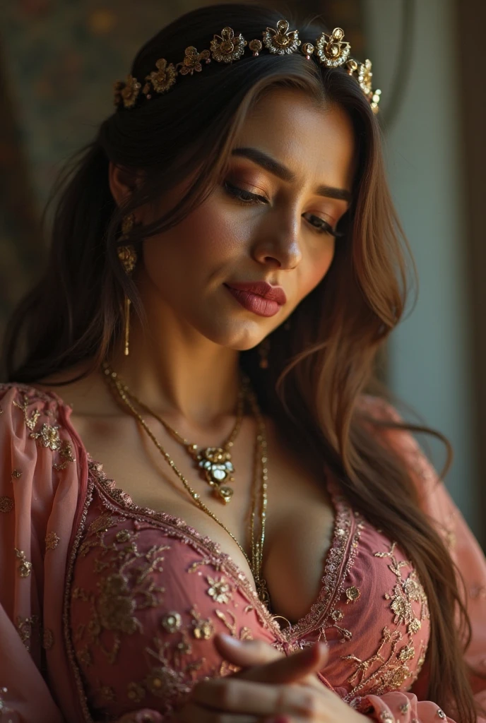 (((((((A)))))))half body of confident-looking Middle East woman with long and thick hair with round face, (masterpiece, best quality:1.2), ((((((solo)))))), ((((((1girl)))))), ((looking at camera)), hazel eyes, a smile on the face, royal and lusty look, standing posing like a professional model for a photoshoot, (((Huge Boobs))), perfect composition and light, hyper realistic skin texture, super background decorations detailed, 8k, high quality, trending art, (Arabian), trending on art station, photo, intricate details, highly detailed, ((((Cropped Breast Wear)))), (((Spa Inside background)))), (((wearing a bright colour push up bra with designs and patterns with sleeves))), (((((big sexy body shape))))), (((Spa Inside background behind her))), (((Portrait Fashion Photo))), hair bobbles, wince, solid circle eyes, light smile, ear blush, fang, ccurate, makeup, hairband, double bun, Surrealism, drop shadow, anaglyph, stereogram, tachi-e, pov, atmospheric perspective, glowing light, backlighting, ray tracing, image fill, anaglyph, stereogram, scanlines, speed lines, silhouette, vignetting, 8k, super detail, best quality, spotlight,grandeur,sophisticated lighting,vibrant colors